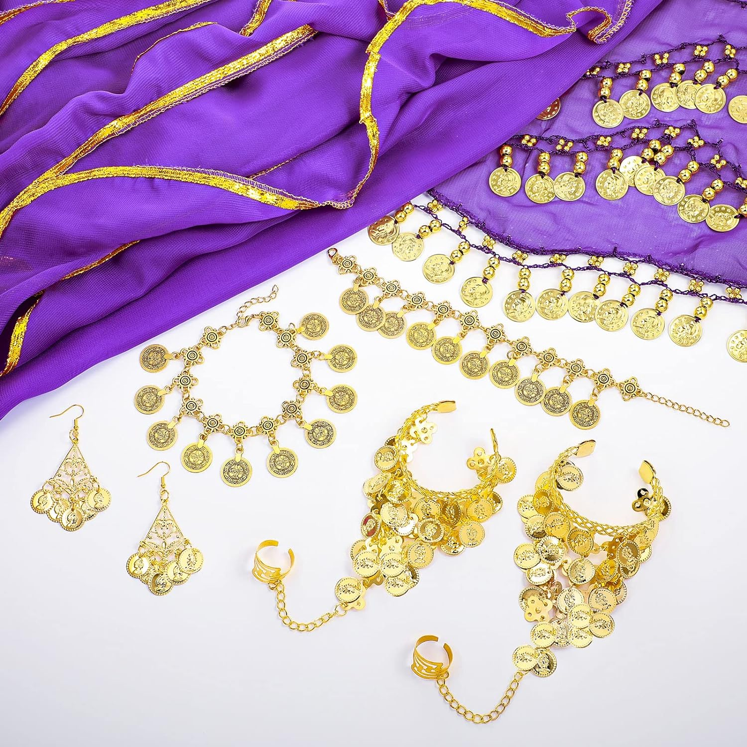 Haysandy 8 Pcs Belly Dance Outfit Sets Women,Belly Dance Skirt, Hip Scarf, 2 Bracelets, Earrings, Anklet Bracelet image number 1