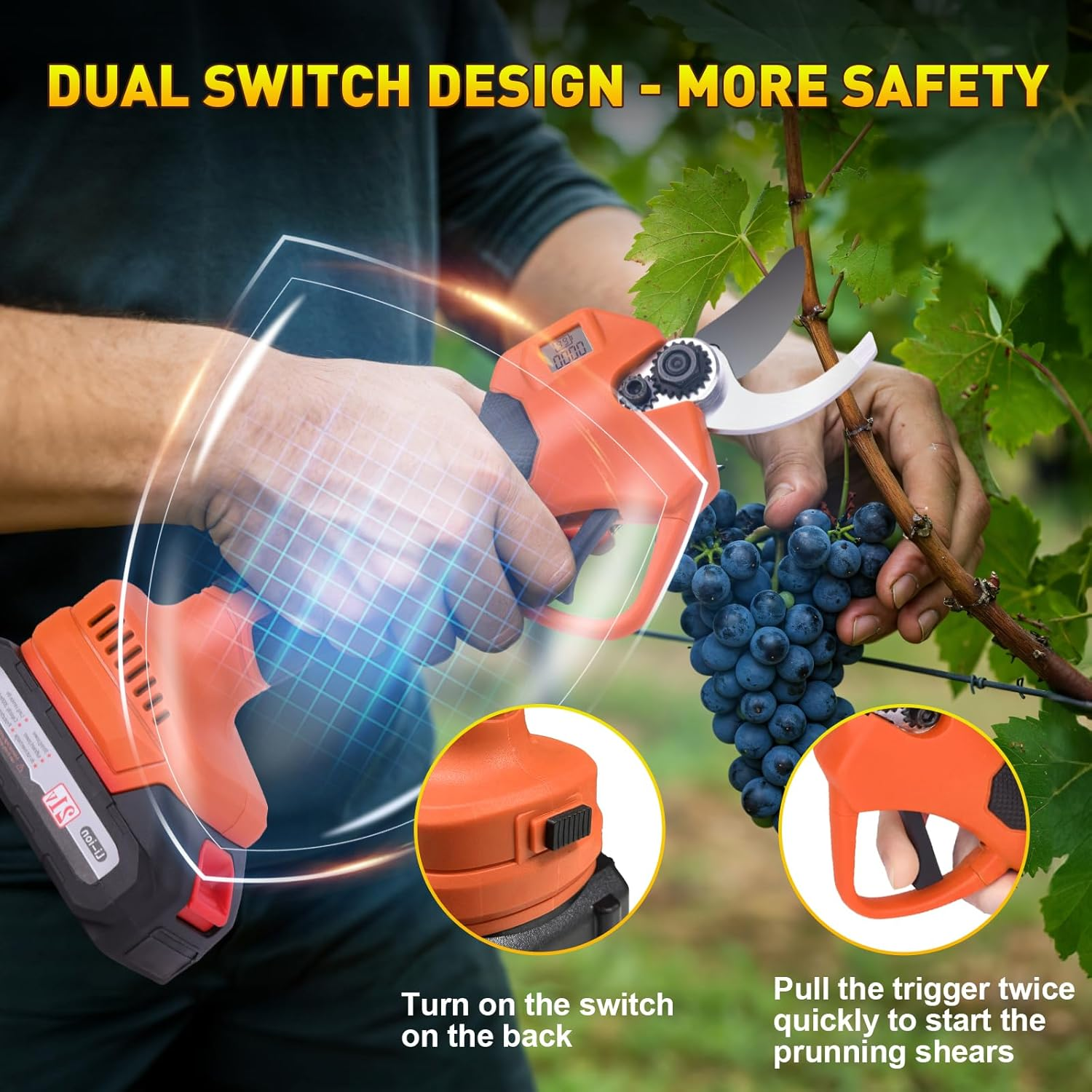 Cordless Electric Pruning Shears Set - High Power Branch Cutter for Gardening Trees, Shrubs, Bonsai - 2 Batteries, Charger, Safety Lock, Waterproof Case, Gloves Included