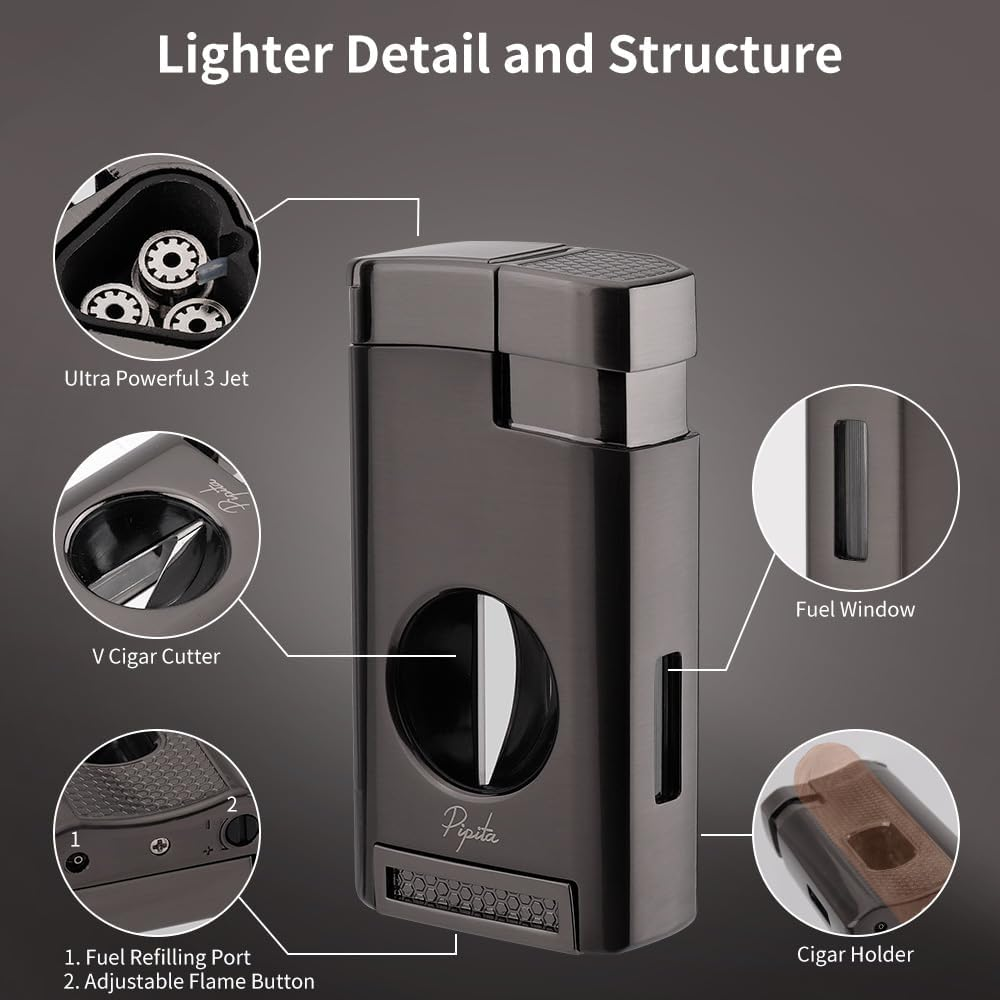 PIPITA Torch Lighter 3 Jet Flame Refillable Butane Gas Lighter with Punch Metal Pocket Lighter (Without Gas) (Dark Grey) image number 3