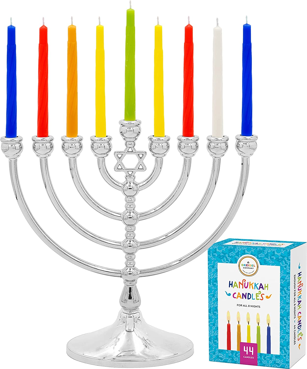 Complete Chanukah Menorah Set -1 Classic Menorah 45 Multicolored Candles - 4 Painted Wood Dreidels - 3 Mesh Bags of Belgian Chocolate Coins Gelt. - 12 Page Chanukah Guide - All Packed in a Gift Box image number 6