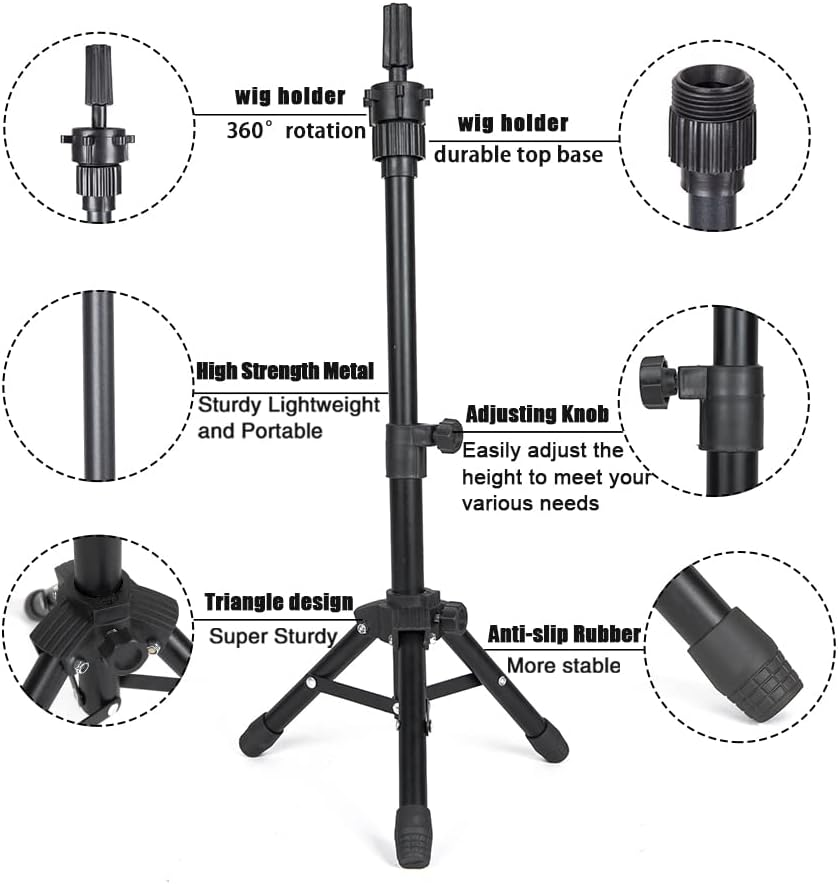 Mini Wig Stand Tripod with Head Adjustable Mannequin Head Stand Wig Head Stand Wig Tripod Stand for Cosmetology Hairdressing Training(25 Inch,Black) image number 6