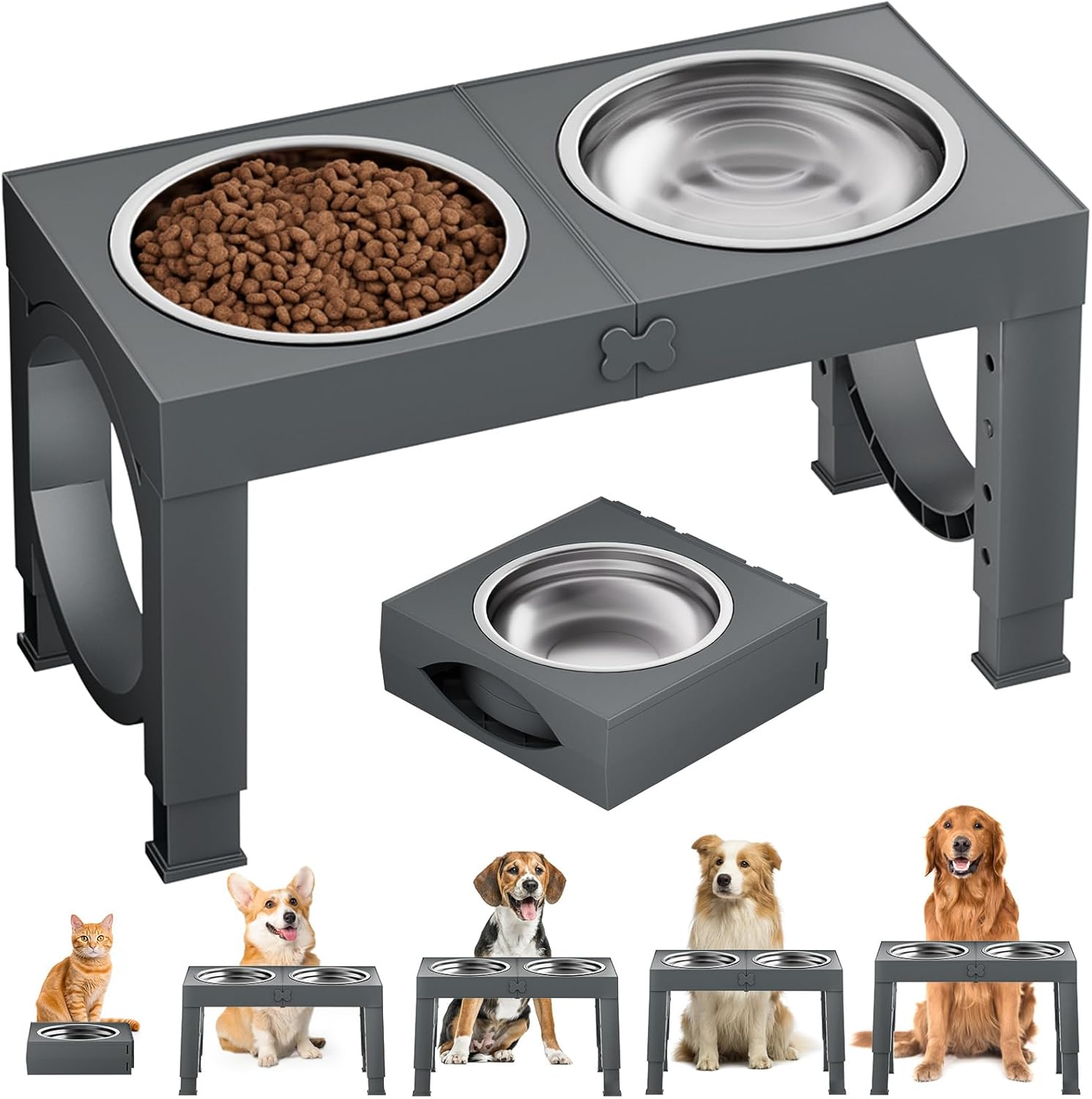 Elevated Dog Bowls for Medium Large Breed Dogs, 4 Height Adjustable Dog Raised Bowls Stand to 9.09", 10.63", 12.20", 13.78", 2 Thick Stainless Steel Dog Food Water Bowls, No Slip Dog Feeder, White
