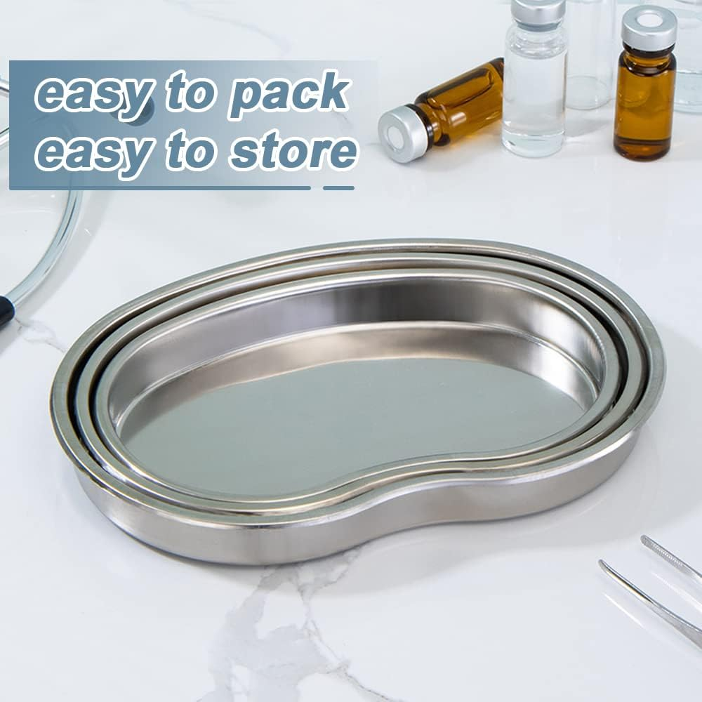 3Pcs Stainless Steel Kidney Tray, Graduated Metal Emesis Basin, Reusable Kidney Bean Shaped Bowl Dish, Dental Lab Instrument Surgical Tray for Medic Waster (Small, Medium, Large) image number 5