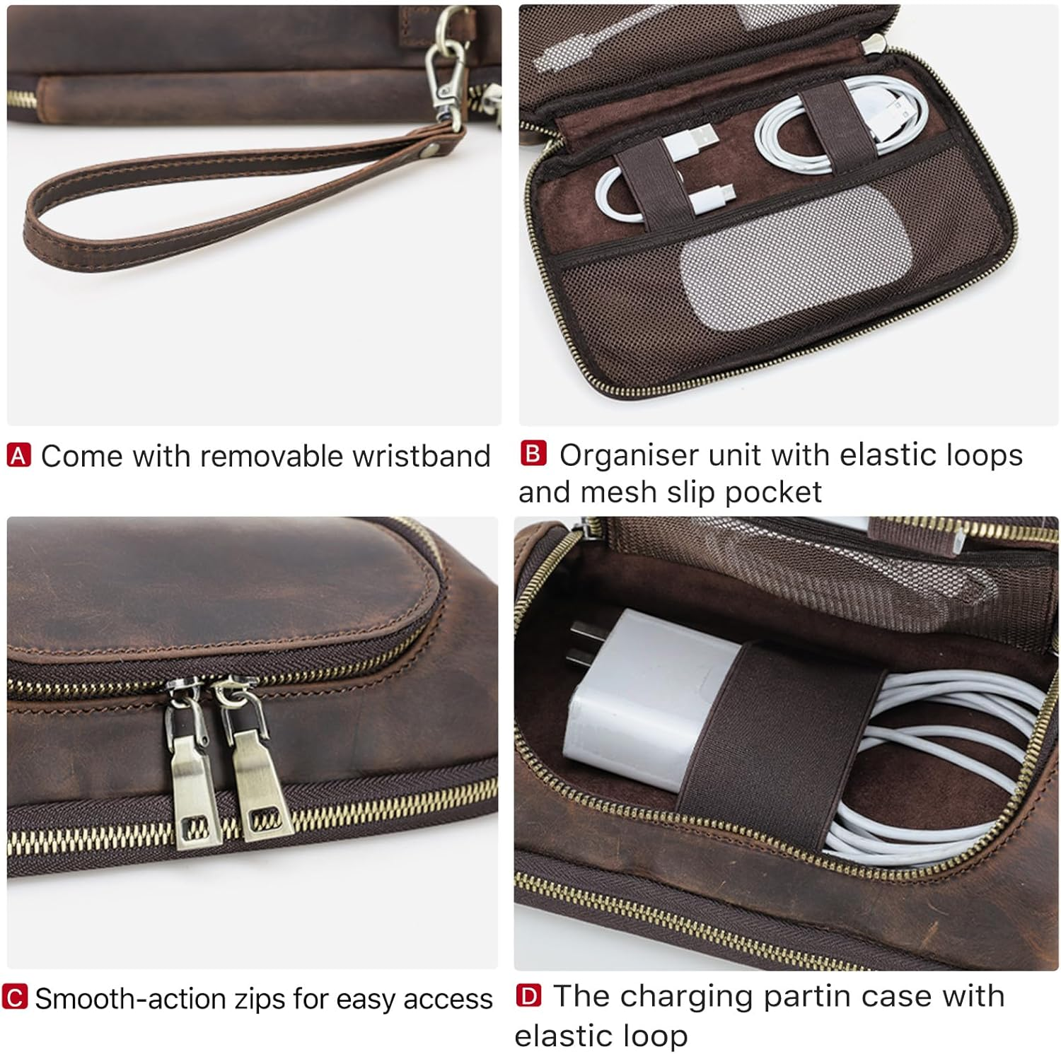 CONTACT'S FAMILY Electronic Organizer Zipper Bag Tech Pouch Handmade Crazy Horse Leather Portable Compact Electronics Travel Organiser Fits Laptop Tablet Cell Phone Accessories Coffee image number 4