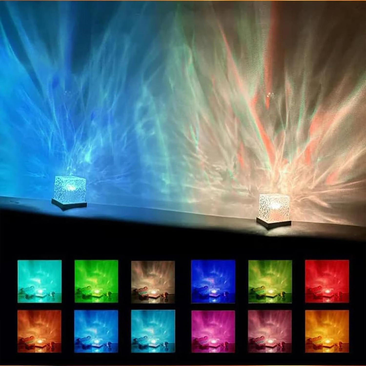 LED Aurora Lamp, Water Ripple Projection Lamp, Wave Projection Lamp with Remote Control, 16 Colours Gradient Rotating Flame Crystal Lamp, Romantic Atmosphere Spotlight for Bedroom, Bar (Square) image number 2