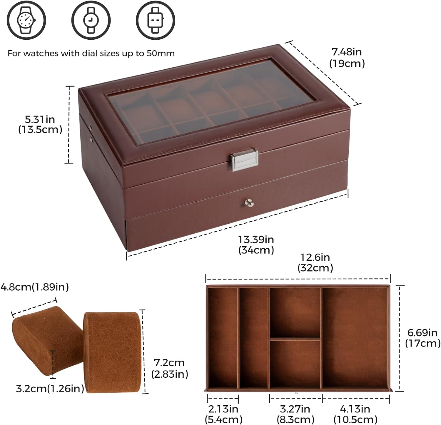 Procase Watch Box for Men, 12 Slot Mens Watch Case with Drawer, Watch Display Case with Glass Lid, 2-Layer Watch Holder Organizer, Jewelry and Watch Storage for Men Women -12Slot, Espresso