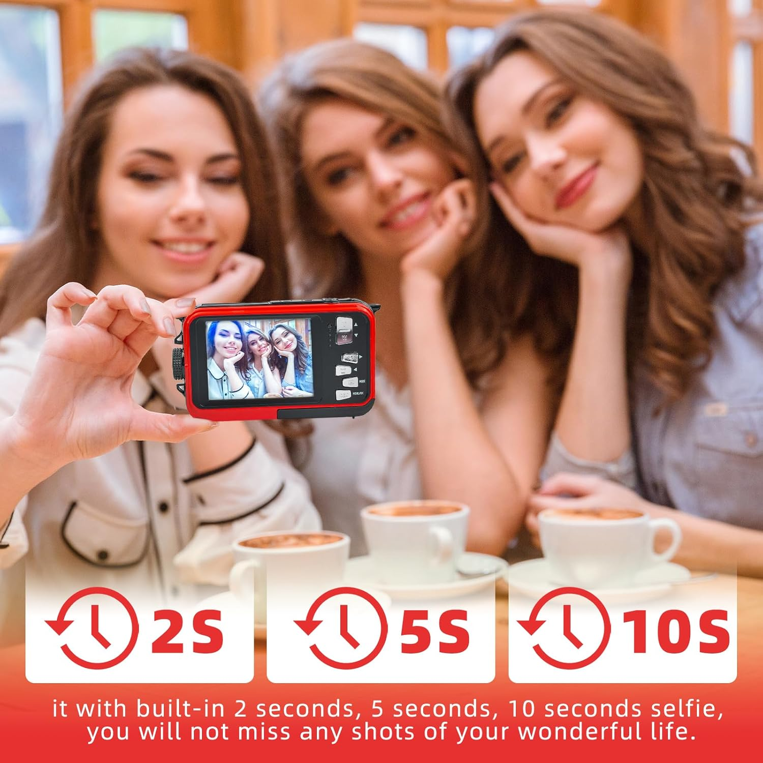 Underwater Digital Camera, 2.7K 48MP Dual-Screen Selfie Waterproof Camera 16X Digital Zoom Compact Camera for Snorkeling (Red) - Red image number 4