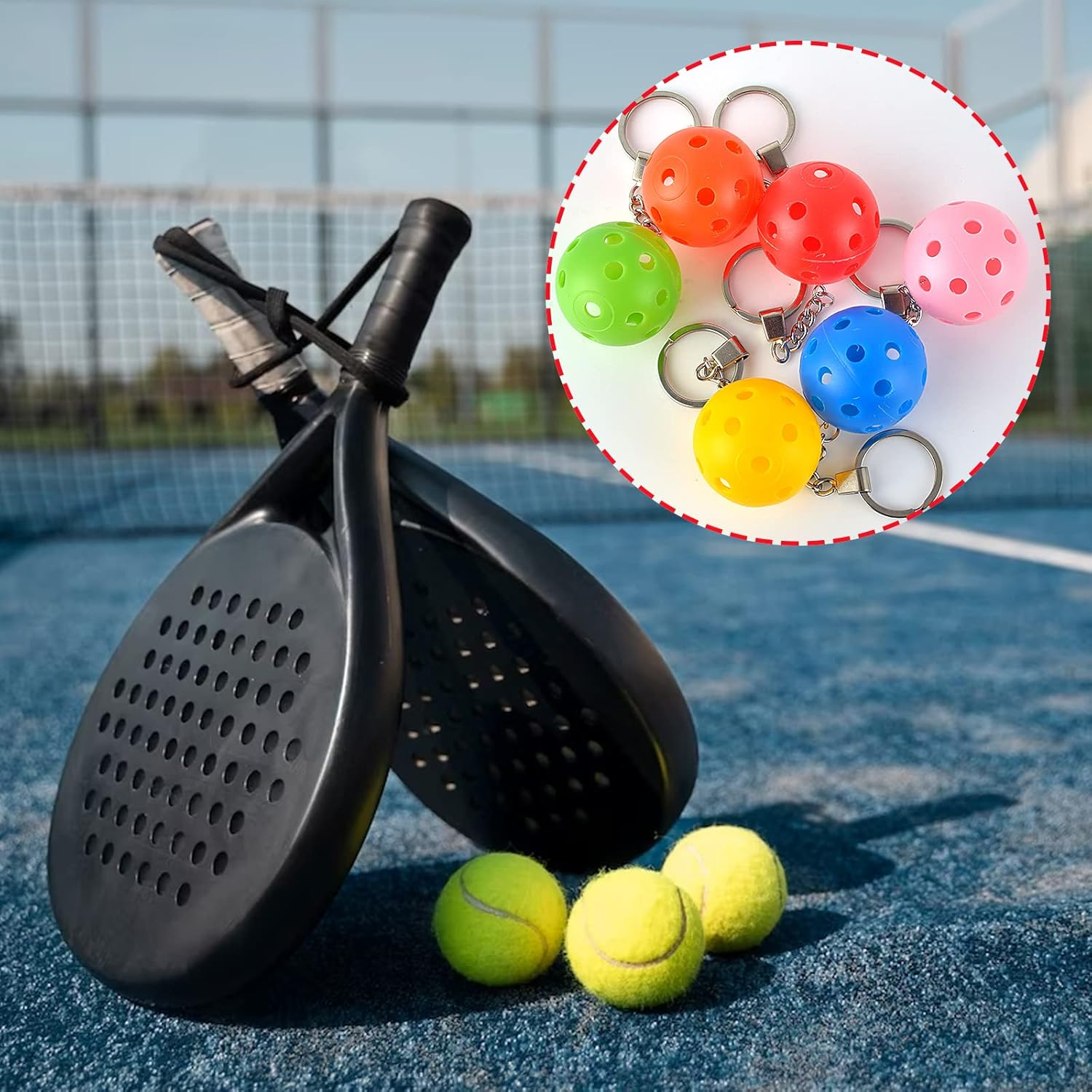 DLUGOPIS 6Pcs Gifts for Pickleball Lovers Pickleball Ornament Pickleball Keychain Pickleball Keychains Bulk Mini Pickleball Keychain for Keychains Luggage Tags Sports Bag, One Red, Yellow, Blue, Green Orange and Pink Each, 4.72 Inches
