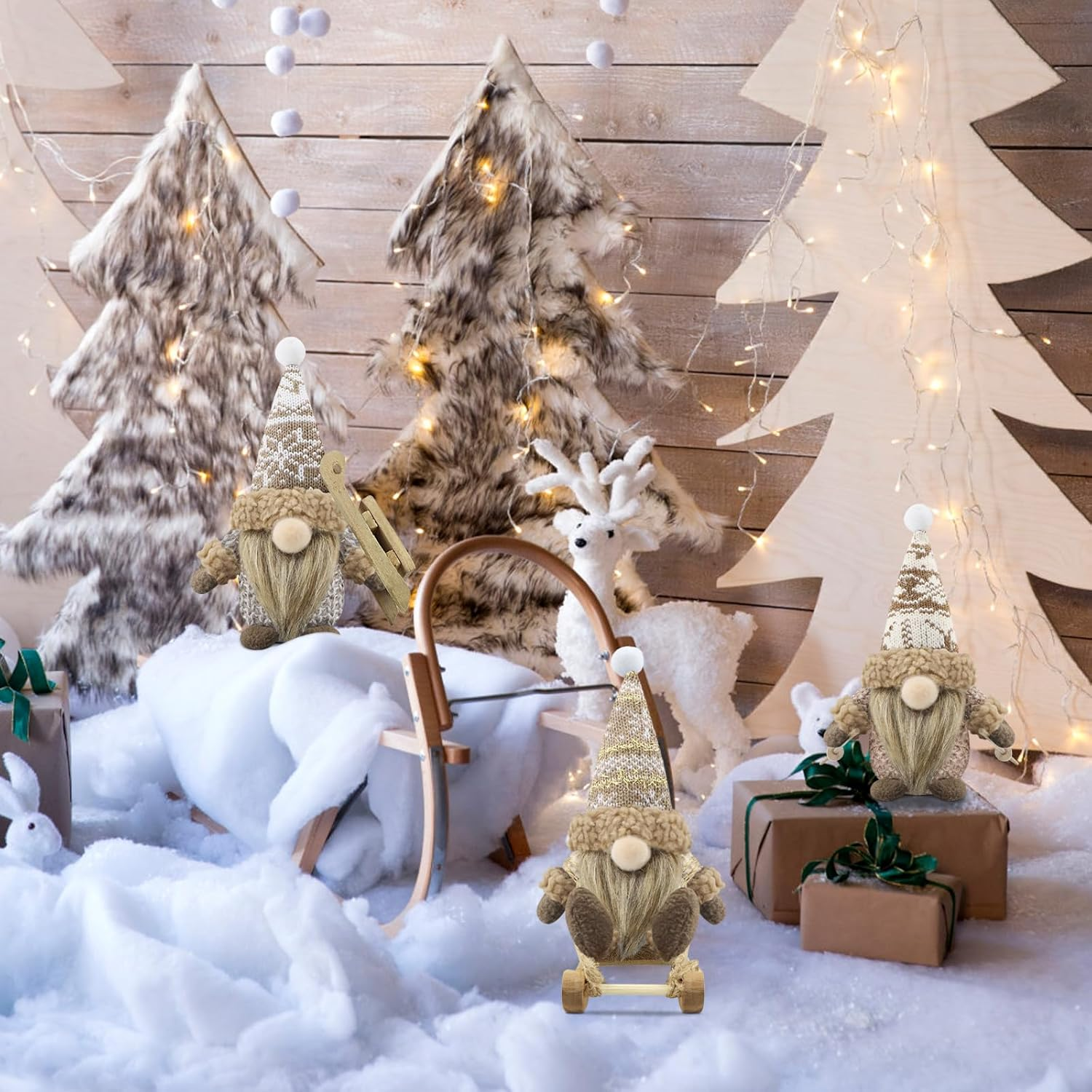 Gehydy Set of 3 Christmas Gonk Decorations Handmade Sled Gnome Plush Stuffed Xmas Decor for Home Kitchen Farmhouse - Brown - Blue image number 3