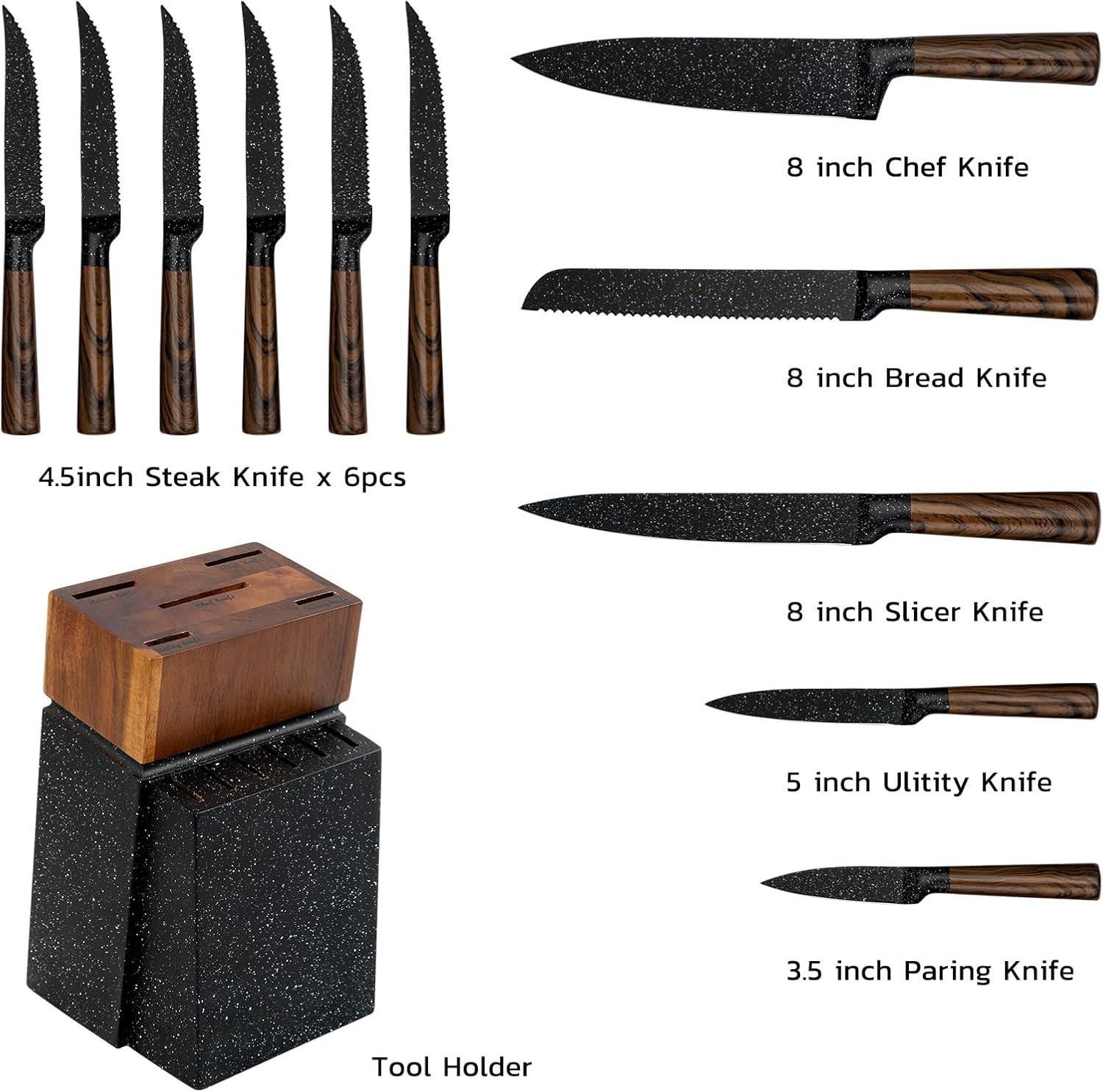 ASKSCICI Knife Set,12-Piece High Carbon German Stainless Steel Knife Set with Block - Japanese-Inspired Wooden Pattern Handles and 6 Steak Knives Included image number 4