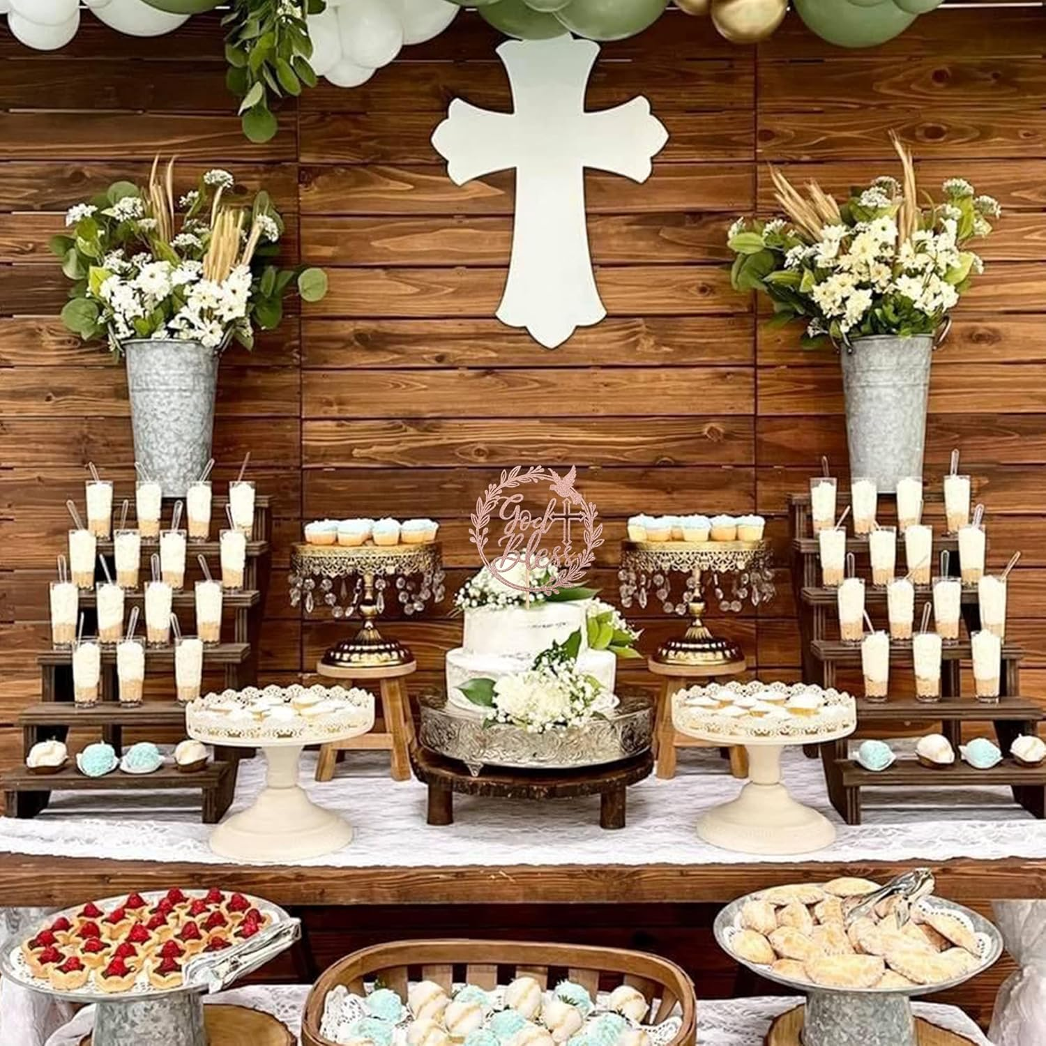 SYKYCTCY 1 Pack God Bless Cake Topper with Dove Glitter Cross First Holy Communion Cake Pick for Celebration Christening Religious Baptism Baby Shower Birthday Party Cake Decorations Rose Gold image number 3