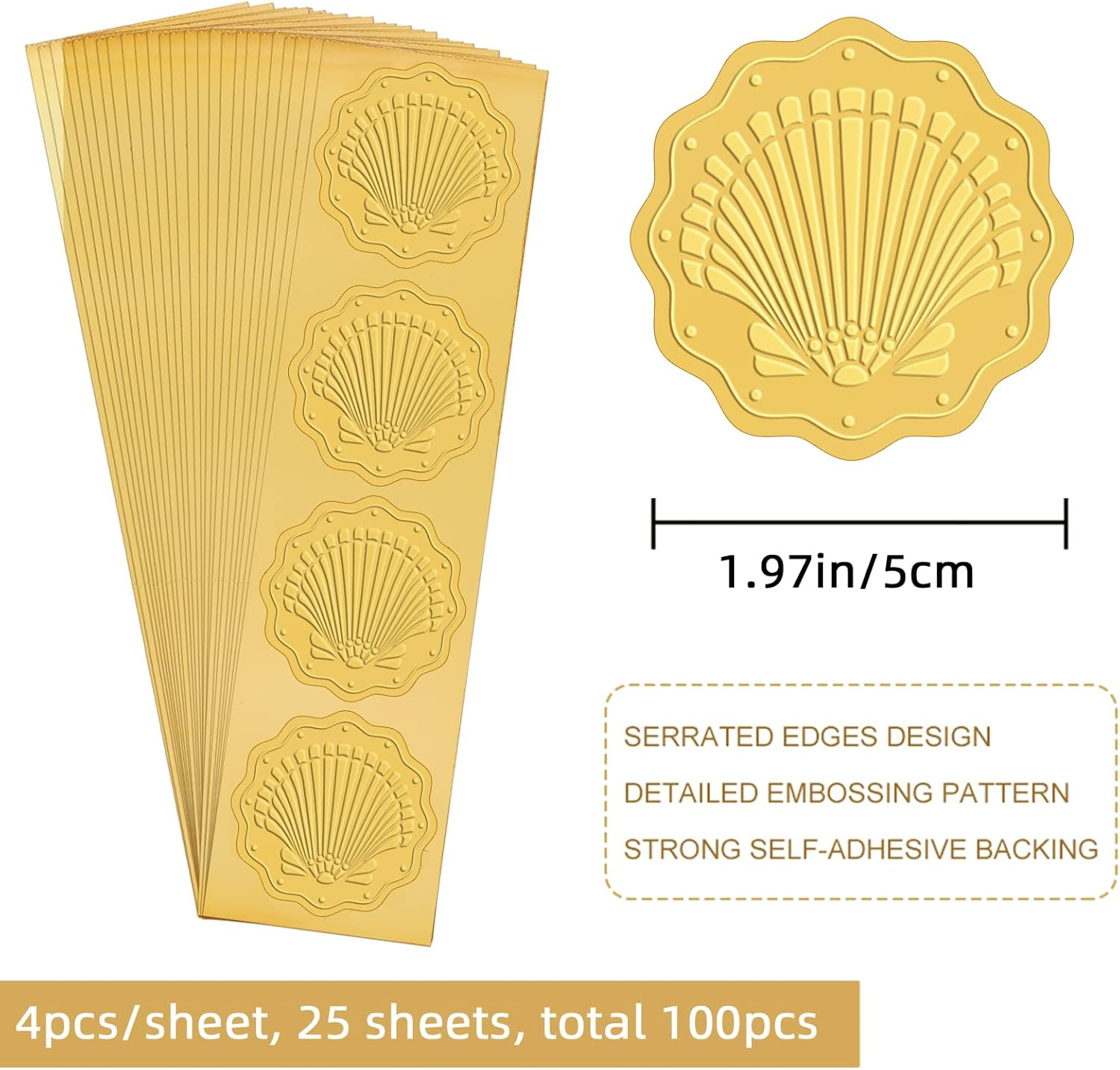 CRASPIRE Sea Shell Stickers 2" Gold Foil Envelope Decorative Seals 100Pcs Seashell Ocean Summer Embossed Seals Adhesive Decal Label for Leter Wedding Invitations Envelopes Gift Packaging Card Making image number 5