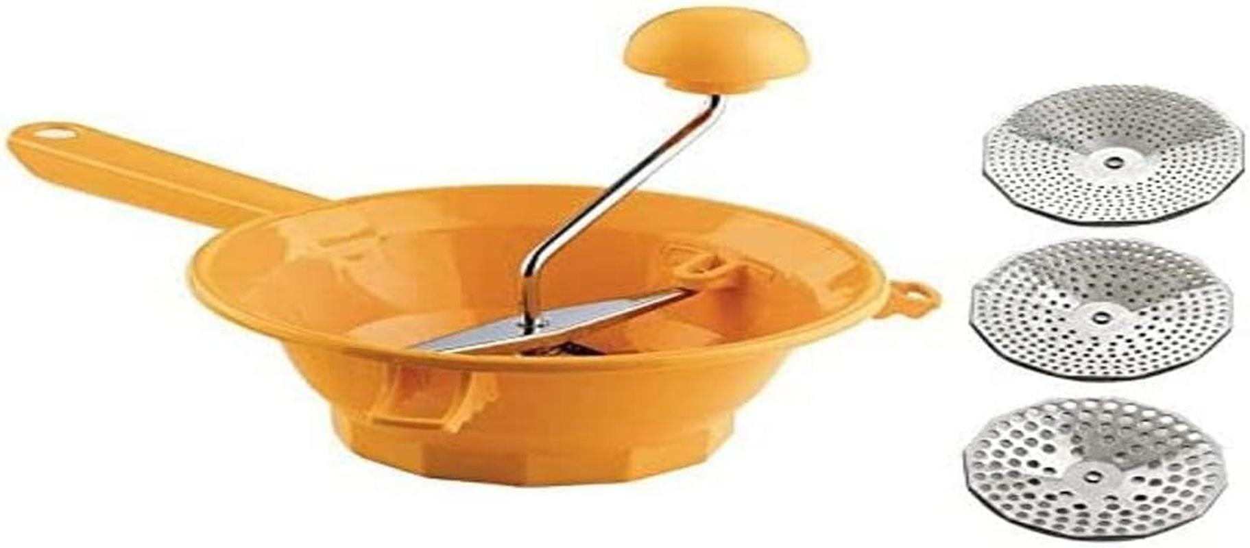 OMAC Food Mill - Manual, Durable Plastic & Stainless Steel, 3 Grating Discs for Fine, Medium or Coarse Results, Mashing, Tomato Sauce, Purees, Baby Foods