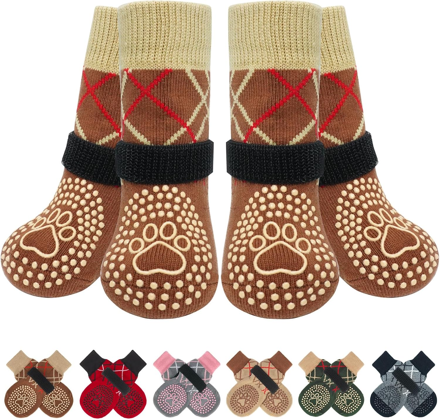 BEAUTYZOO 6PCS Dog Socks to Prevent Licking Paws, anti Slip Dog Shoes for Hot Pavement Hardwood Floors, Traction Control Toe Grips Boots & Paw Protectors for Small Medium Large Senior Dogs, Brown S