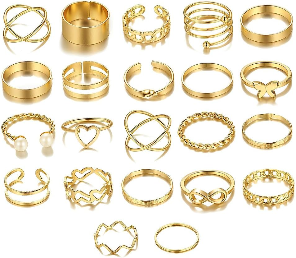 Gold Knuckle Rings Set for Women Pearl Butterfly Heart Ring for Girls Boho Stackable Rings Midi Finger Ring Adjustable Statement Rings 22Pcs image number 3