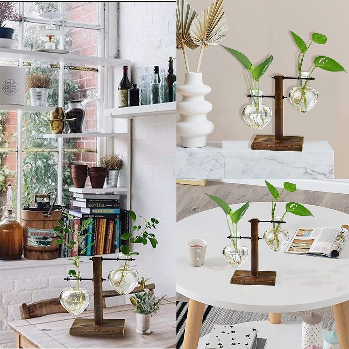 Plant Terrarium with Wooden Stand, Creative Double Heart Glass Hydroponic Vases, Modern Plant Propagation Station Desktop Planter Bulb Vase for Home Garden Office Decoration image number 2