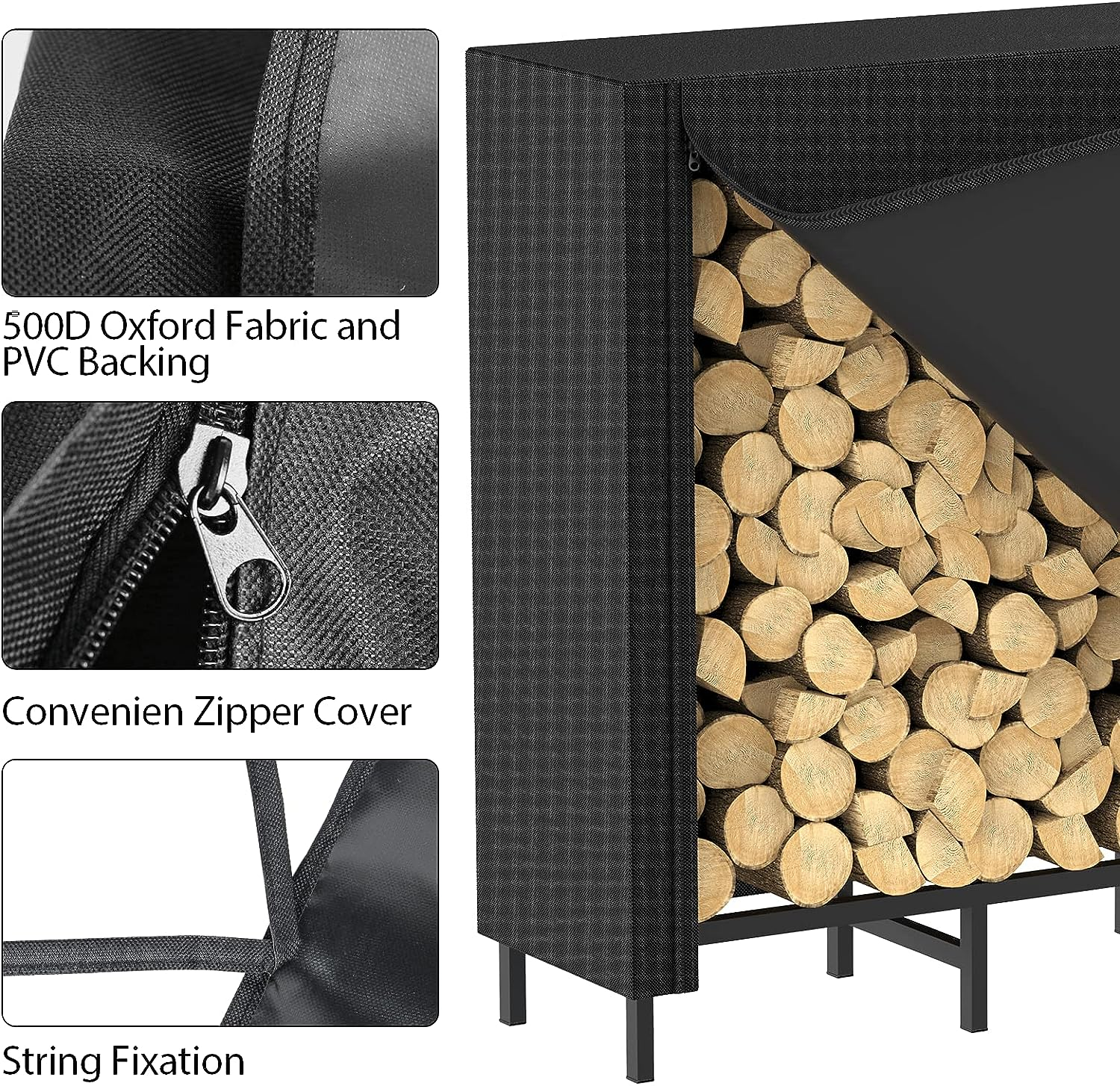 CADUKE Firewood Log Rack with Cover 5.3Ft Outdoor Waterproof Storage Fireplace Holder for Fire Wood Indoors Adjustable Heavy Duty Rack, Black 500D Oxford Fabric PVC Backing LT-K170 image number 4
