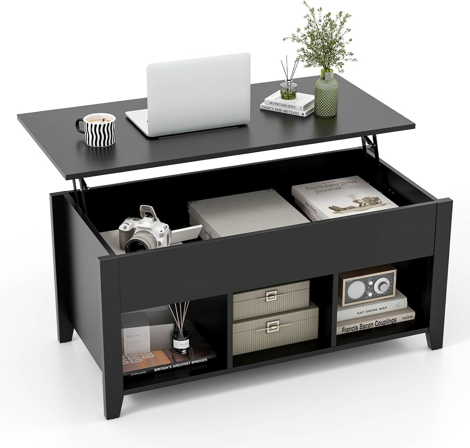 Giantex Lift up Coffee Table, Rising Center Table with Lift Top, Hidden Compartment & 3 Cubes, Modern Dining Accent Table Furniture for Living Room & Reception Room, Black