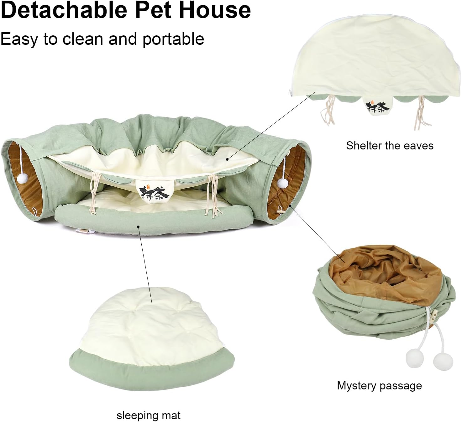 BOMEI Pack Cat Tunnels for Indoor Cats,Collapsible Cat Tunnel Tubes Toys with Removable Mat， 2-In-1 Cat Tunnel Bed with Cat Toys for Cats,Rabbits (Green) image number 1