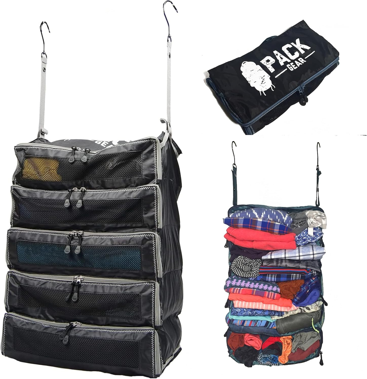 Pack Gear Suitcase Organizer | Pack More in Your Large or Carry on Luggage | Unpack Instantly with These Compression Packing Cubes for Suitcases | Hanging Shelf Organizer for Closet (Black) (Medium)