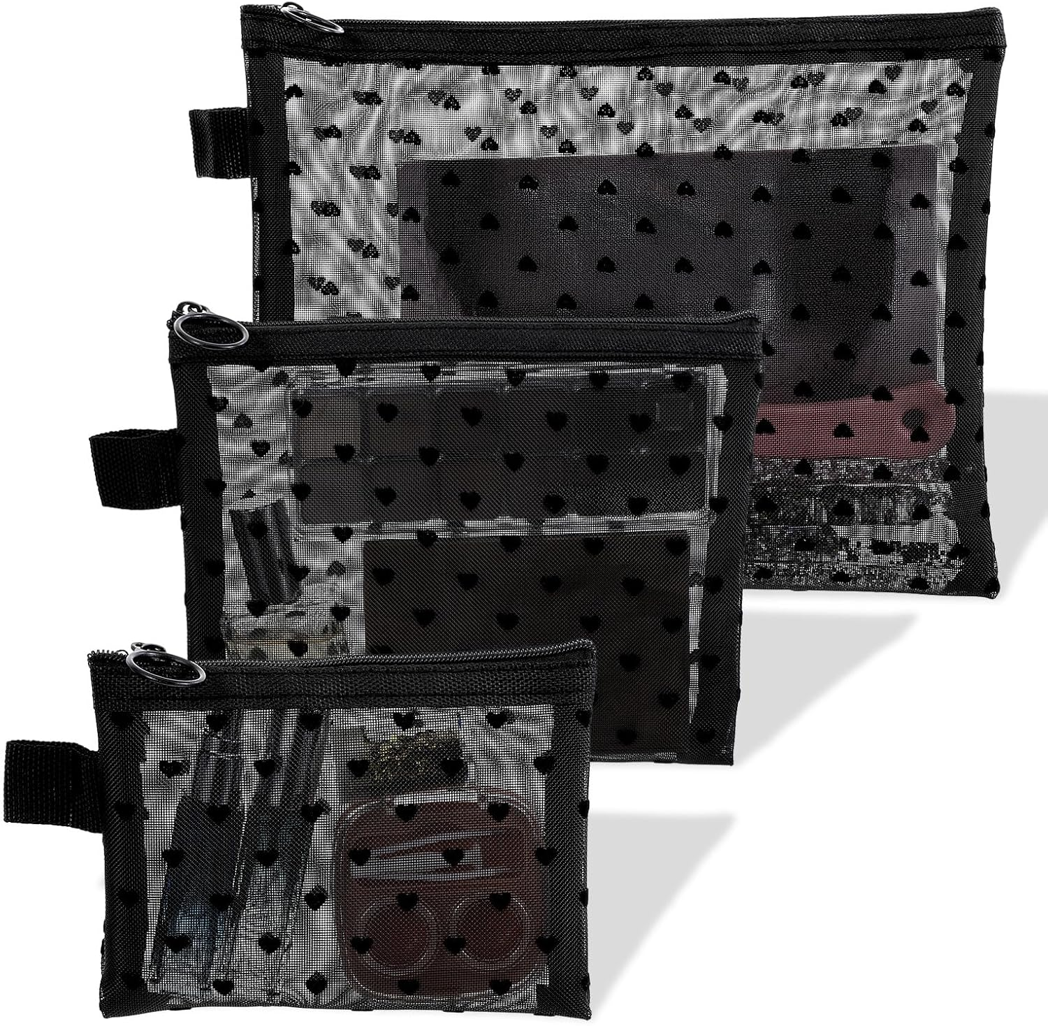 Classicseali Pack of 3 Nylon Cosmetic Bag, Mesh Bag, Small, Mini Mesh Bag with Zip, 3 Sizes Mini Toiletry Bag for Organisation, Black Cosmetic Bag Small for Travel, Storage, Home image number 4