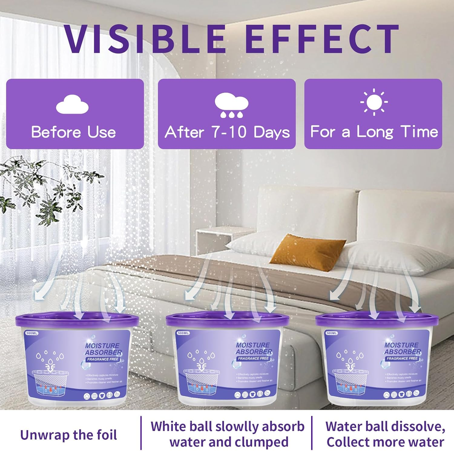 TFMOJHST Fragrance Free Moisture Absorption Box, Dehumidifier Bucket,Portable Dehumidifier Moisture Absorbers for Cars,Closet, Bathrooms, Kitchens, Laundry Rooms, Basements Etc(12 Pack,Purple) image number 3