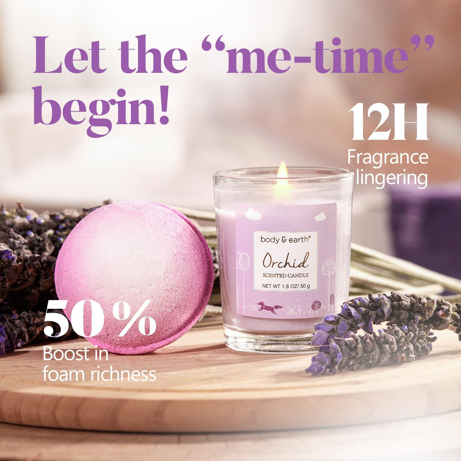 Body & Earth Bath Spa Gifts for Women - Gift Set for Women, 5 Pcs Bath Set with Orchid Scented Candle, Body Butter, Hand Cream, Bath Bar and Bath Bomb, Birthday Gifts Box for Women, Valentines Day Gifts. image number 4