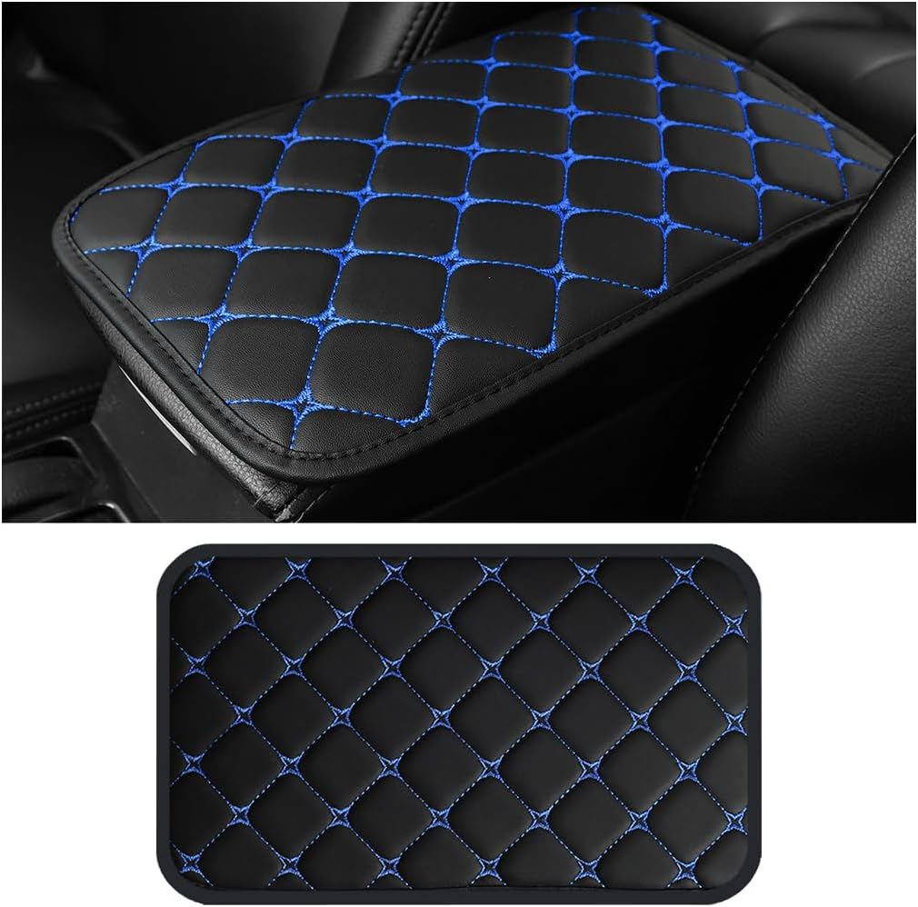 HZEL Car Center Console Cushion Pad, PU Leather Vehicle Armrest Protection Cover, Waterproof Automotive Interior Arm Rest Seat Box Mat Accessories, Universal for SUV, Sedan, Truck (Black/Blue)