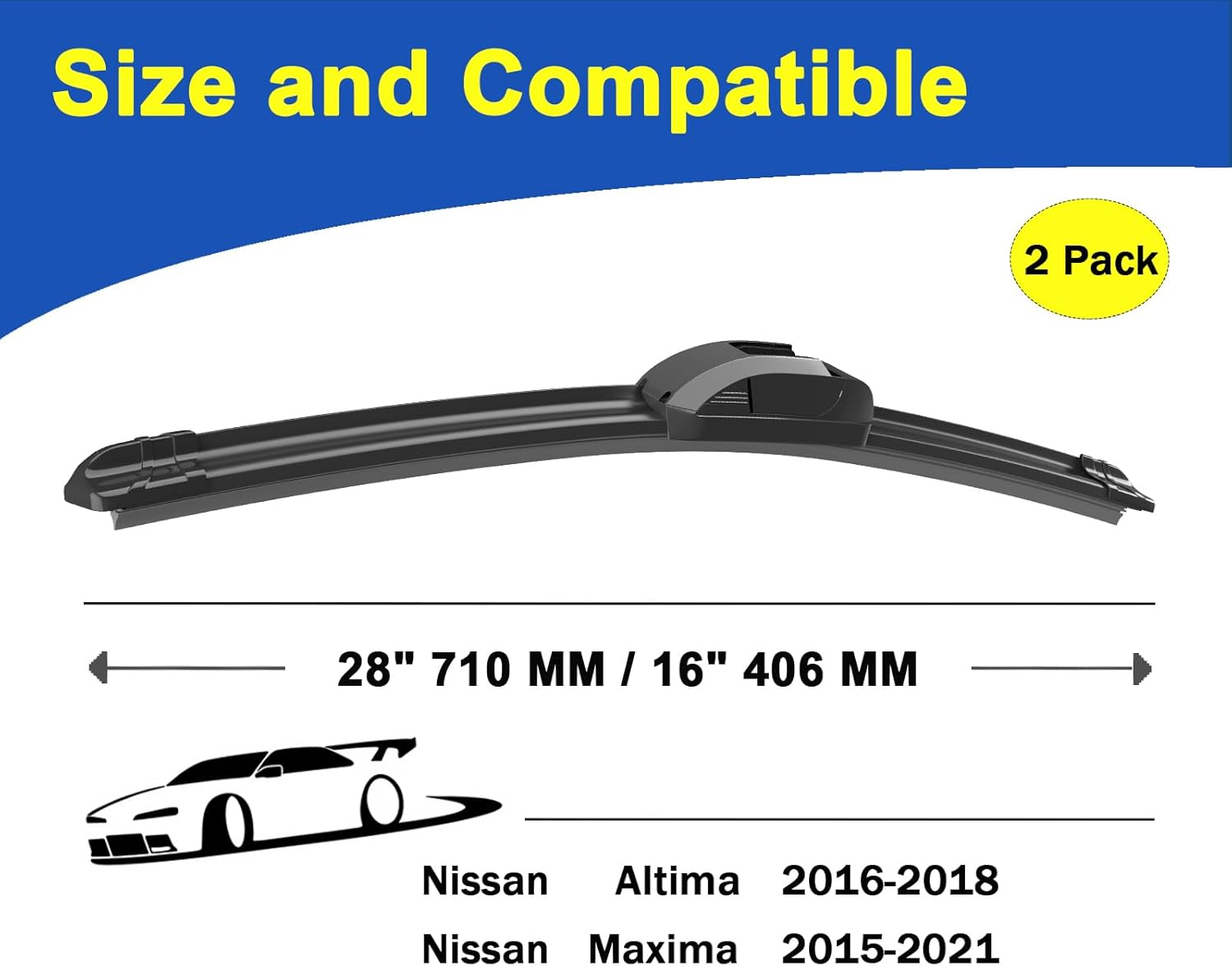2 Factory Wiper Blades Replacement for 2016-2018 Nissan Altima/2015-2021 Nissan Maxima Original Equipment Windshield Wiper Blades Set 28"+16" (Set of 2) U/J HOOK image number 5
