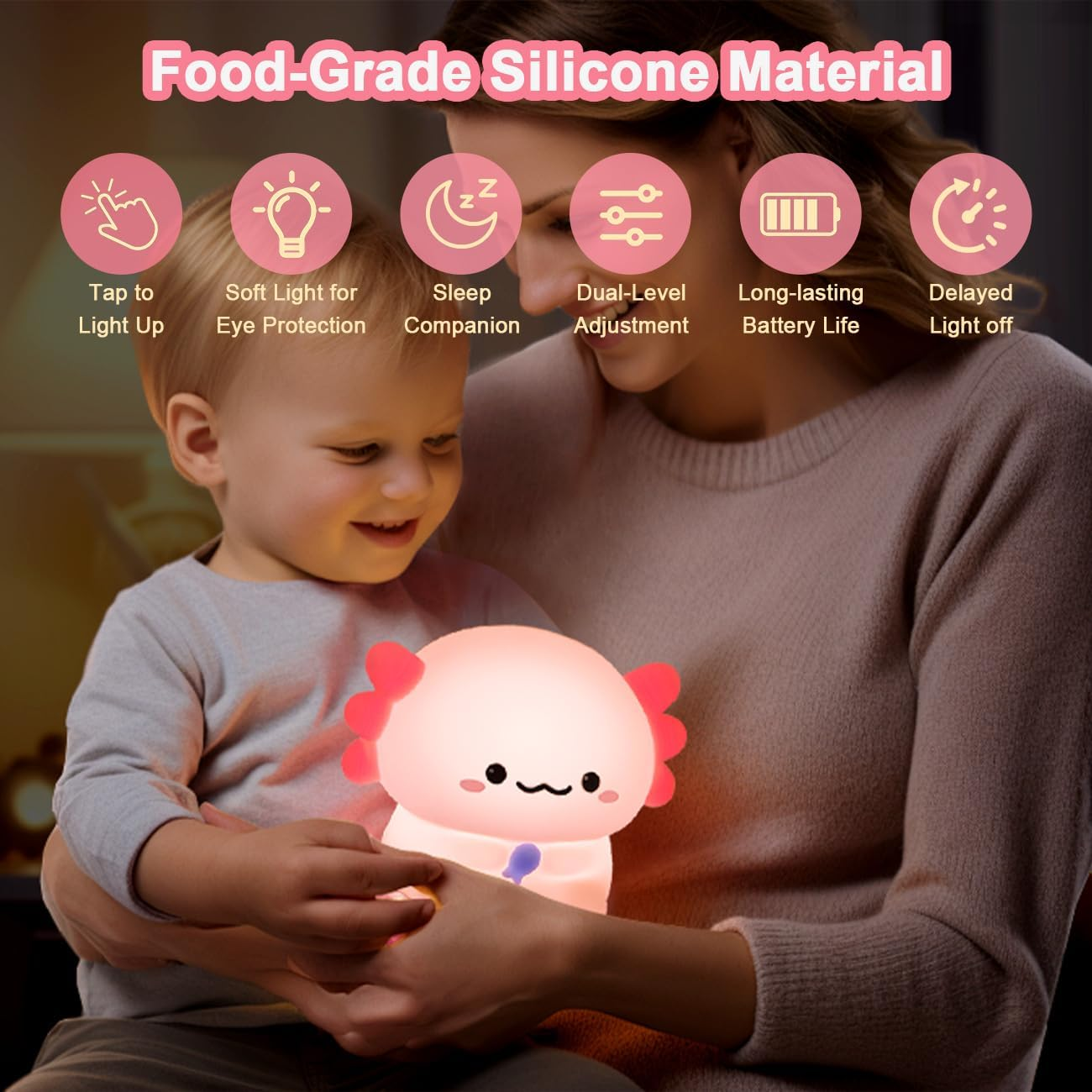 Cute Night Light, LED Squishy Novelty Animal Night Lamp, Silicone 3 Level Dimmable Nursery Nightlight for Desk Decor, Funny Gifts Stuff for Boys Girls Baby, White Elephant Gifts (Axolotl Sit)