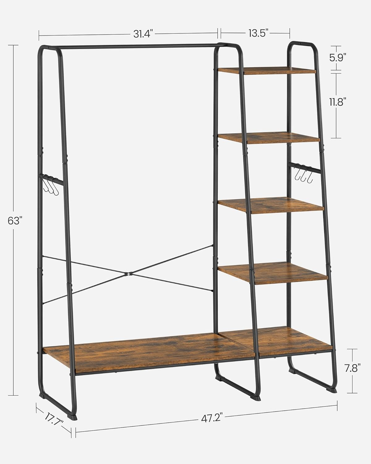 VASAGLE Clothes Rack, Clothing Rack with Shoe Shelf, 5-Tier Storage Rack, 6 Side Hooks, for Bedroom, Living Room, Rustic Brown and Black URGR116B01 image number 5