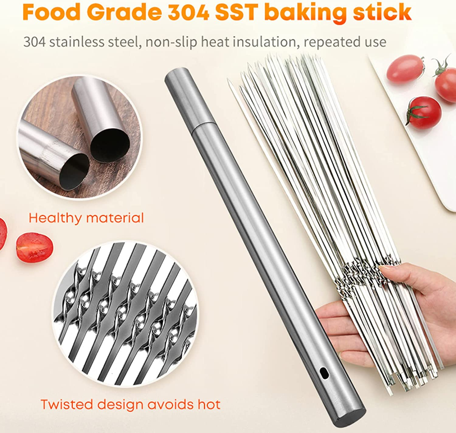 40Pcs Flat Metal Grilling Skewers, 304 Stainless Steel BBQ Skewers with Storage Tube, Reusable Barbecue Stick for Outdoor Camping Picnic Tools Cooking Tools image number 3