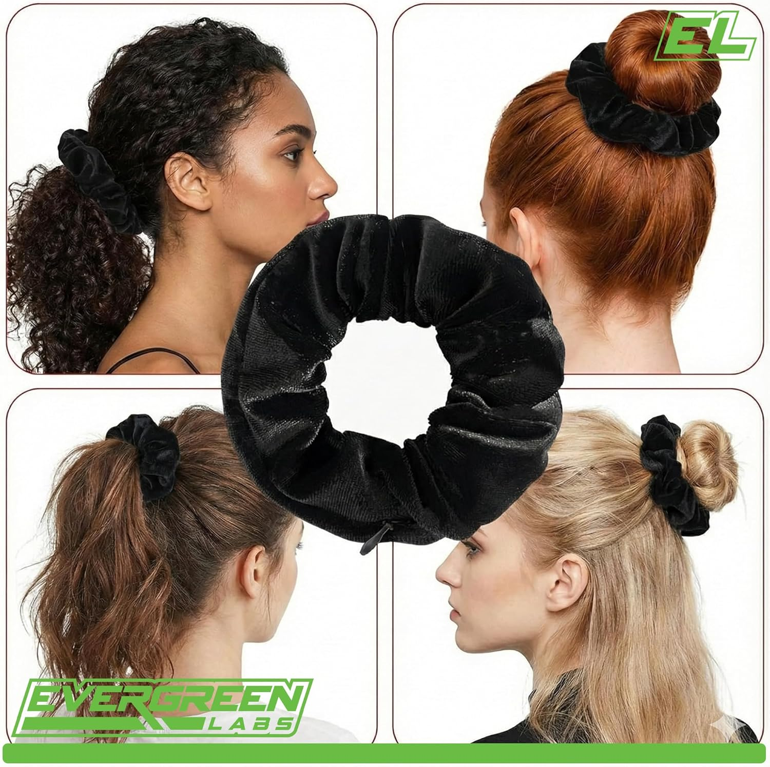 Evergreen Labs Secret Scrunchies Hair Scrunchies with Money Hideaway and Hidden Safe - Travel Gadgets for Women, Secret Hiding Place for Valuables, Hair Tie Pouch with Zip, Pack of 3 image number 4