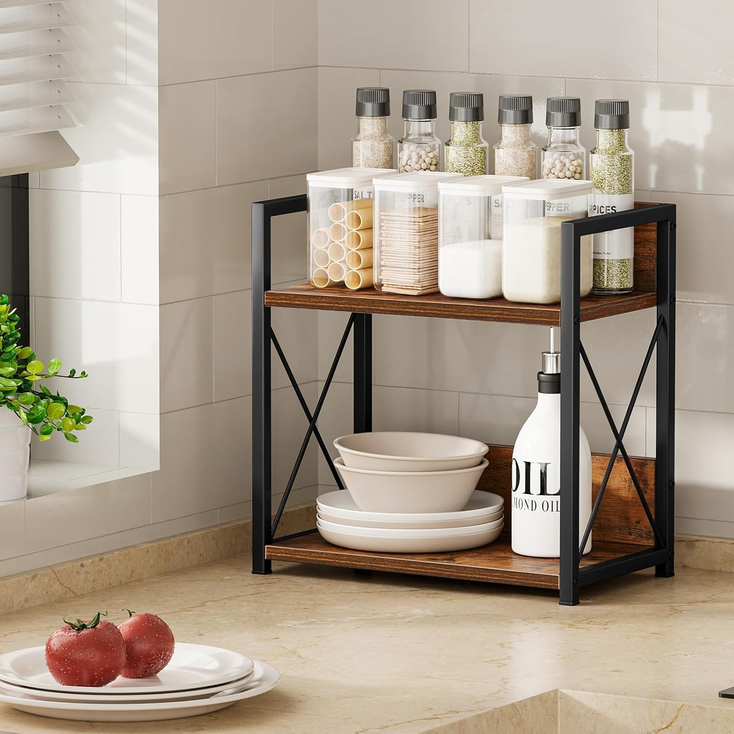 2-Tier Kitchen Counter Organiser, Wooden Spice Rack Shelf, Brown image number 6