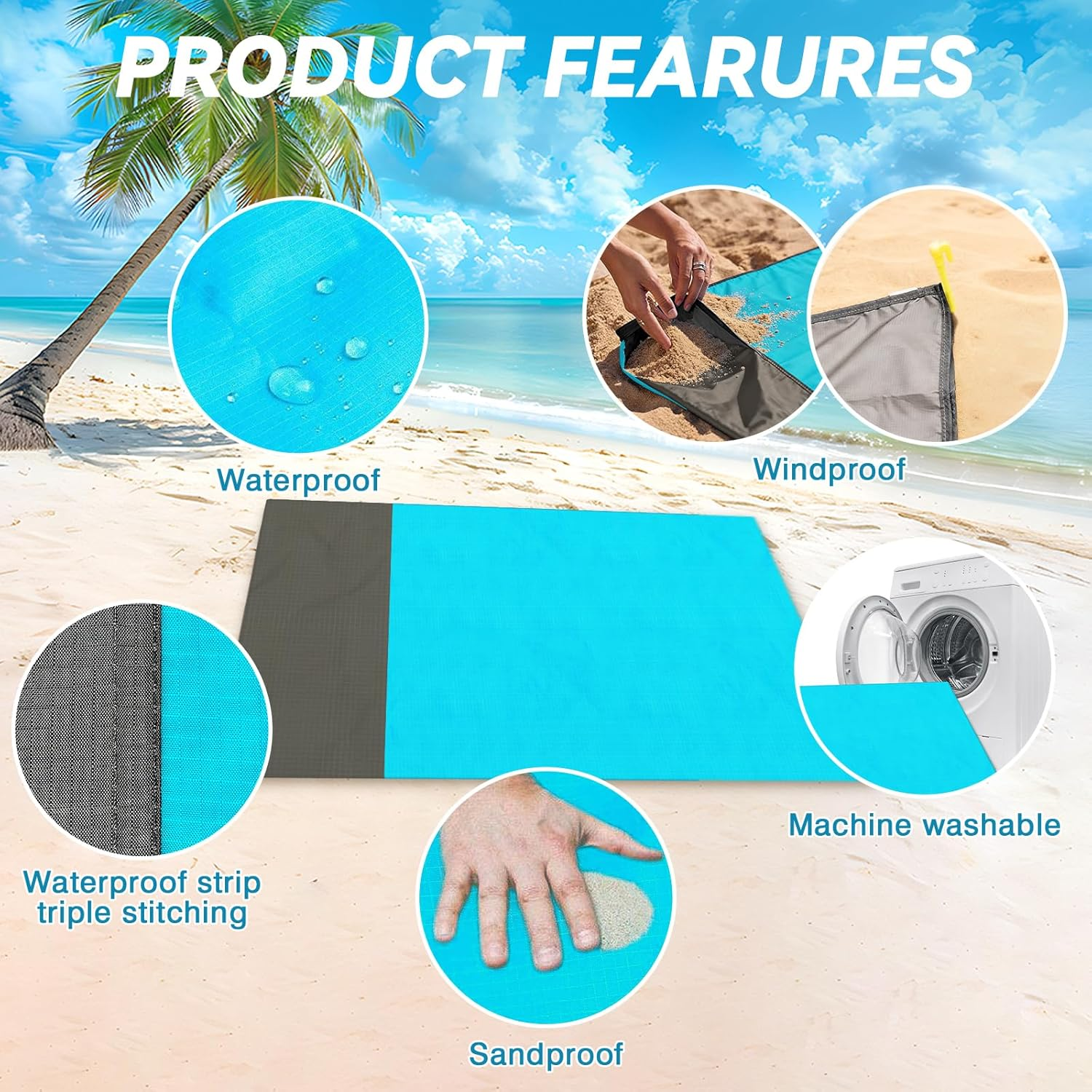 YOYI YOYI Sandproof Beach Mat, Waterproof Picnic Blanket, Lightweight Portable Beach Mat for 1-2 Adults, Quick Drying Travel Rug For&ndash;For Beach, Picnic, Outdoor Adventures & Hiking(175X140Cm) image number 6
