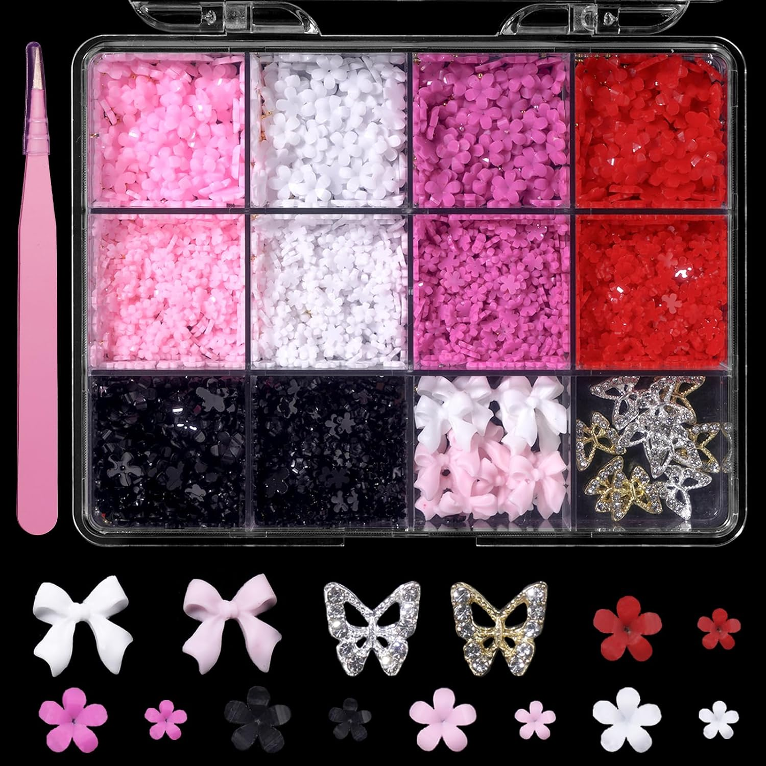 Tatiwoo Pink White Red Black Flowers Nail Charms Bow Tiny Blossom Flowers Acrylic Nail Charms Butterfly Nail Gems Charms for Manicure DIY Crafts Jewel Accessories, Small image number 1