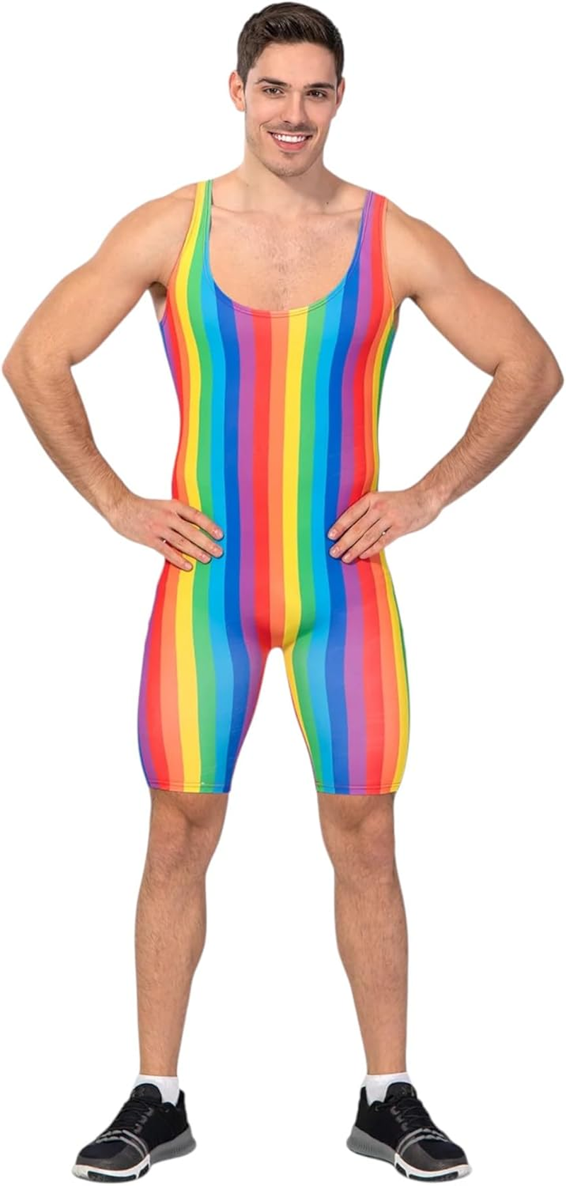 Adult Rainbow Stripe Sleeveless Short Unitard One Size Fits Most | LGBTQ+ Singlet Romper for Pride Parade, Mardi Gras, Festivals & Dance &ndash; Bright Vertical Stripes image number 3