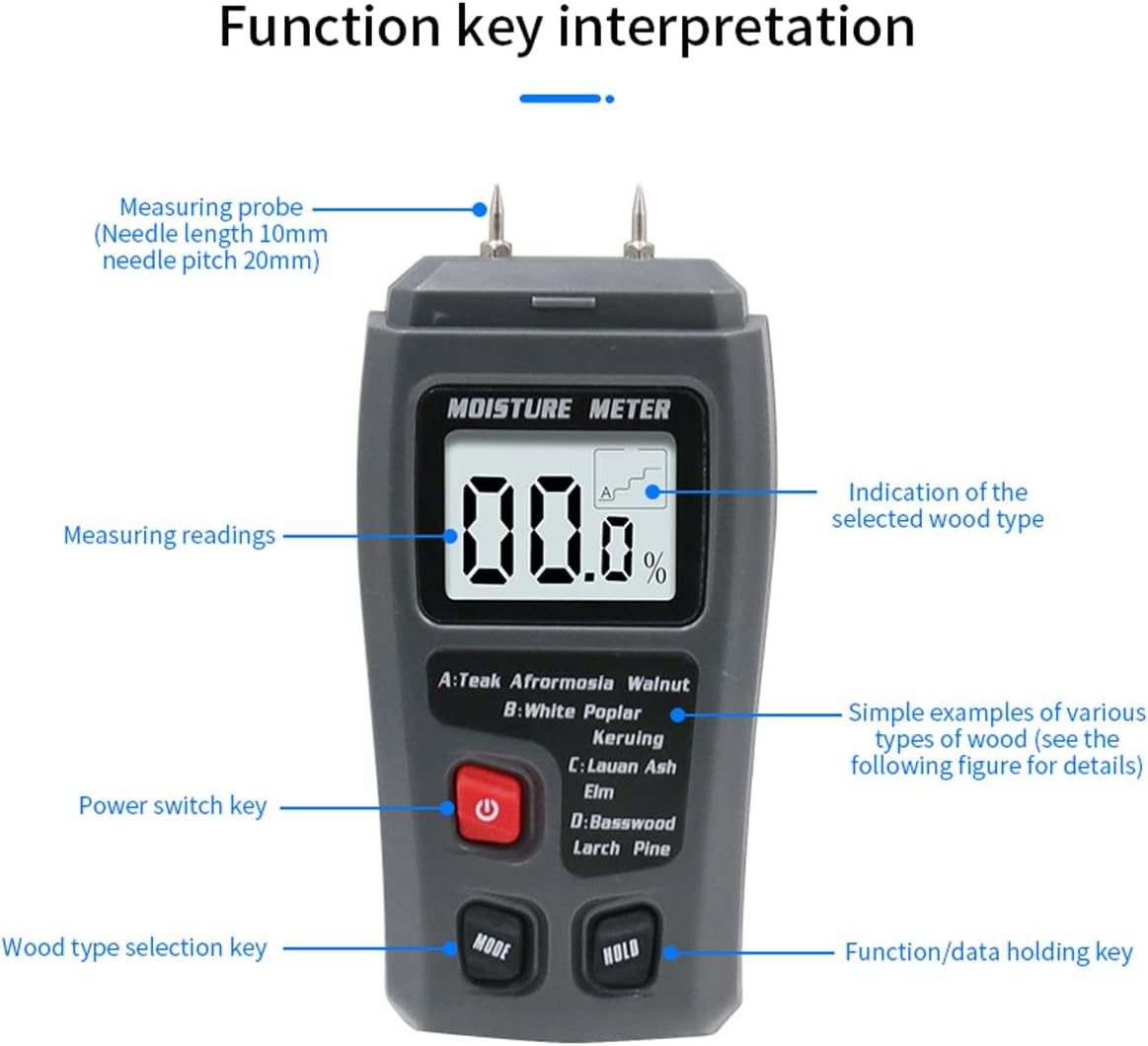 Wood Moisture Meter, Digital Moisture Detector, Portable Hygrometer, 9V Digital Moisture Detector with 4 Modes Handheld Water Leak Detector LCD Display (Black) image number 4