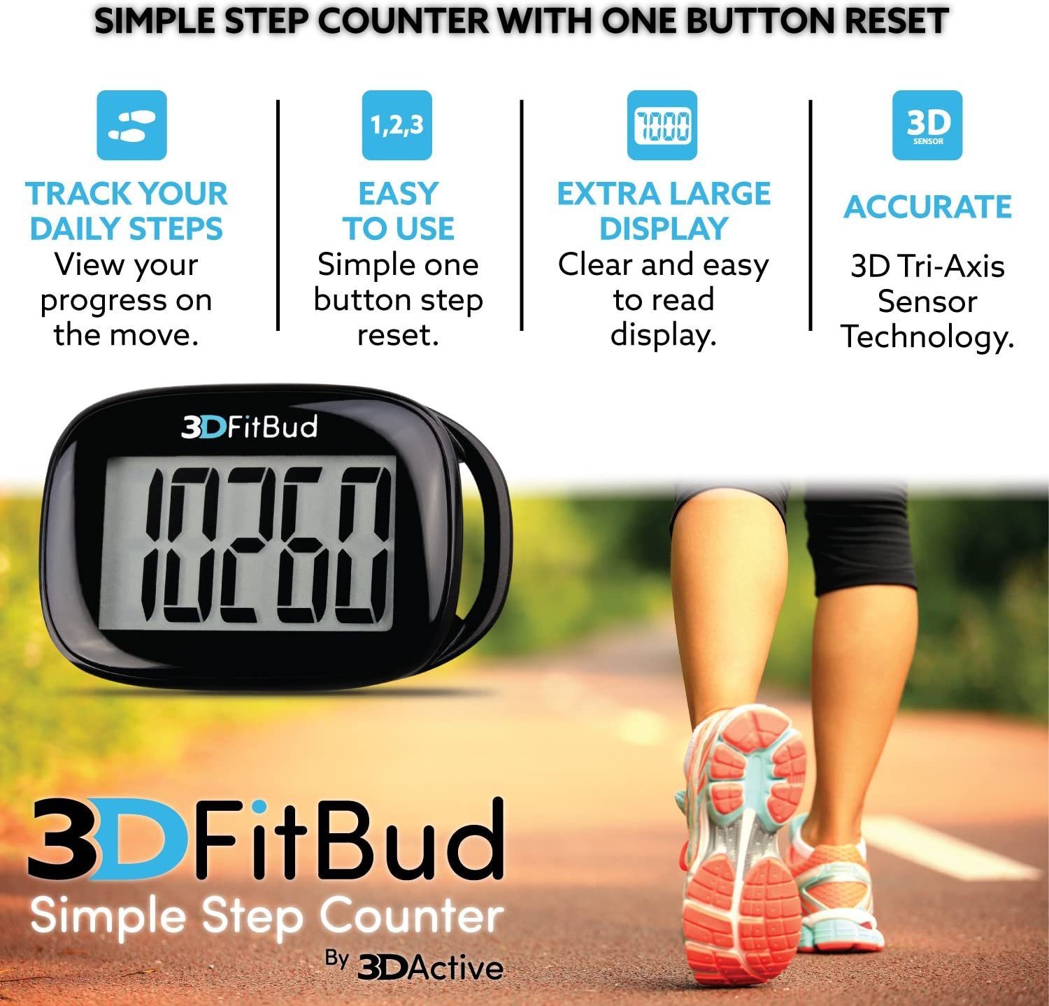 3Dfitbud Simple Step Counter Walking 3D Pedometer with Lanyard A420S (Black) image number 1