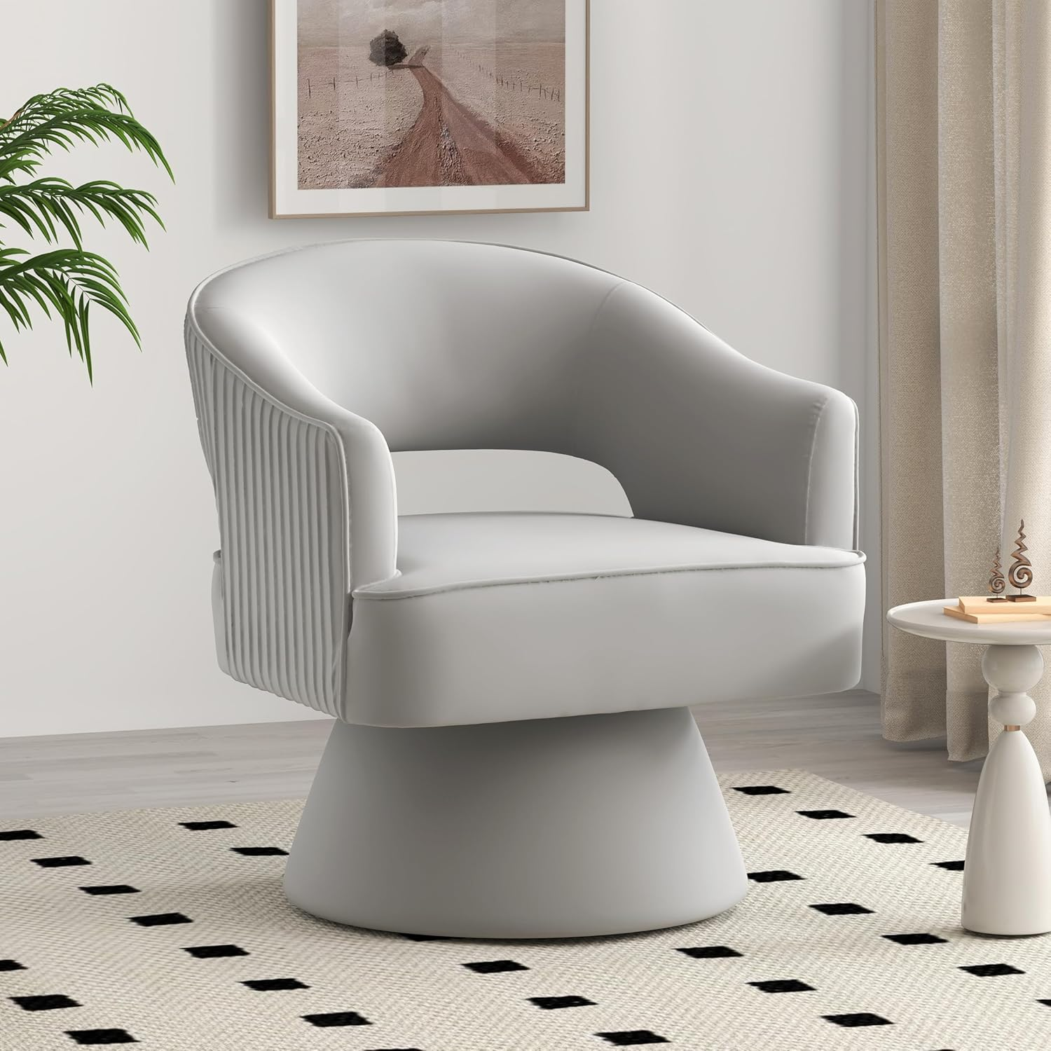Mid Century Modern Swivel Accent Chair, 360 Degree Swivel Barrel Chair, Upholstered Lounge Chair Comfy Vanity Chair, Striped Velvet Armchair for Living Room Sofa, Bedroom, Reading Room(Gray) image number 1