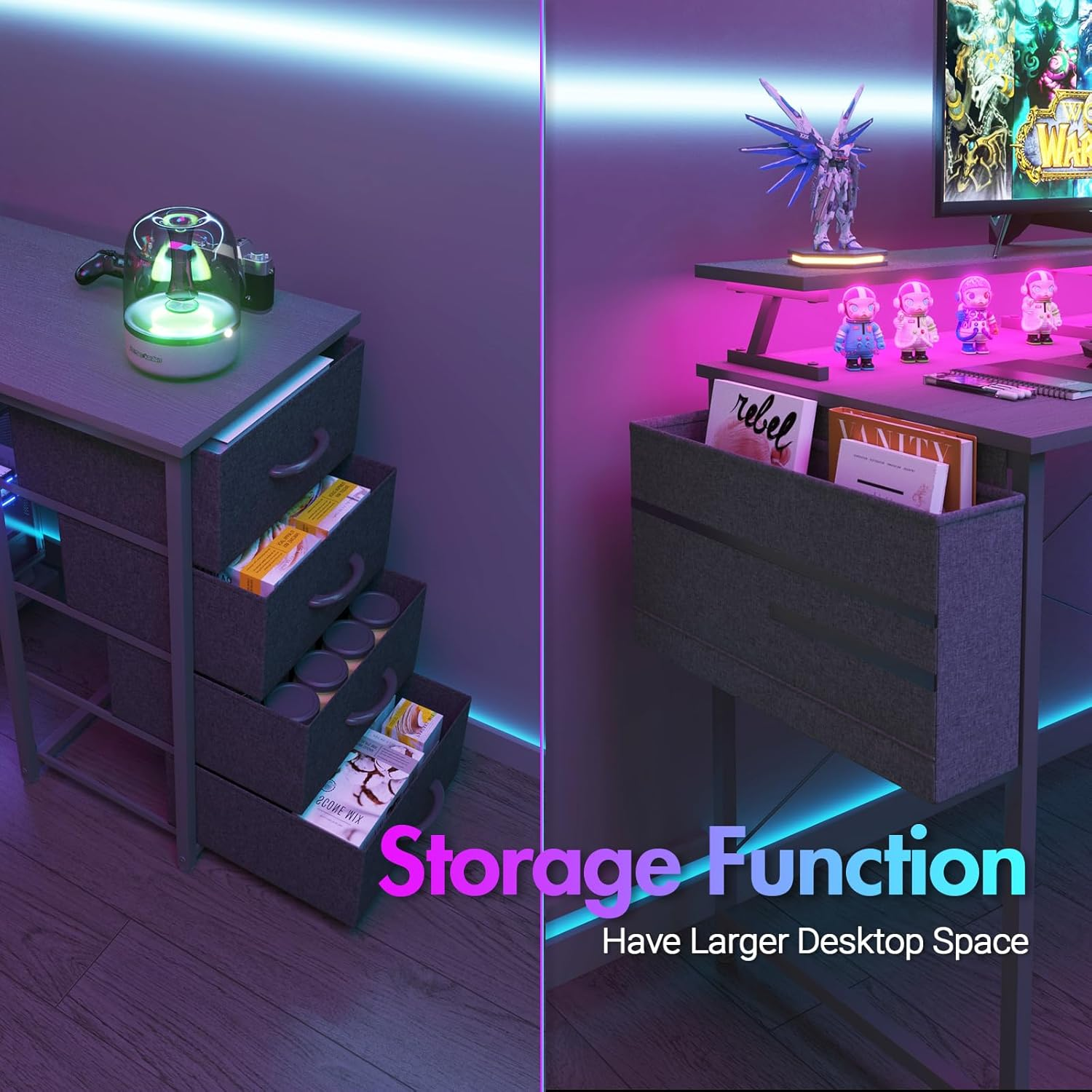 Advwin L Shaped Gaming Desk 140Cm Convertible Computer Desk with Monitor Stand Corner Desk Gaming Table with Drawers Black image number 2