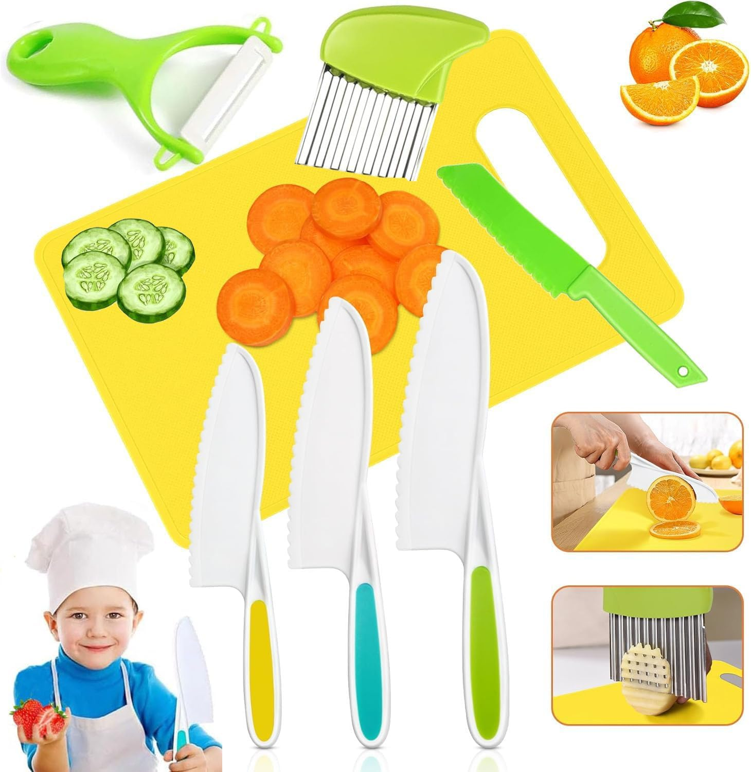 Kids Kitchen Knife, 7 Pcs Kids Knife Set Include Serrated Edges Plastic Toddler Chef Knife, Crinkle Cutter, Sandwich Cutter, Y Peeler, Cutting Board, Perfect for Toddlers Gifts for Boys and Girls image number 6