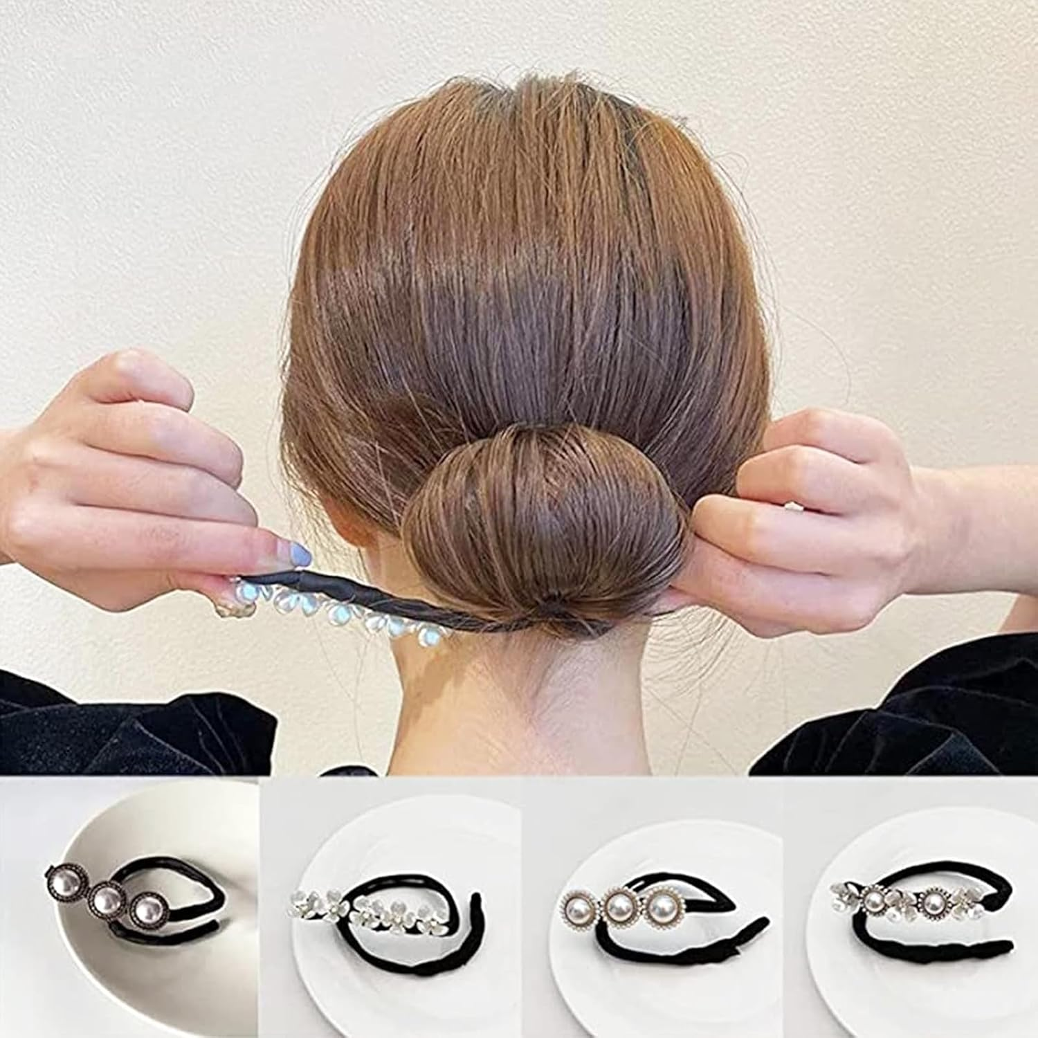 Hair Bun Maker with Pearl Flower Decor, 4Pcs Lazy Hair Curler French Twist Hairstyle Bun Former Maker Vintage Hair Styling Accessories,Reusable DIY Quick Bun Maker for Thin Hair image number 1