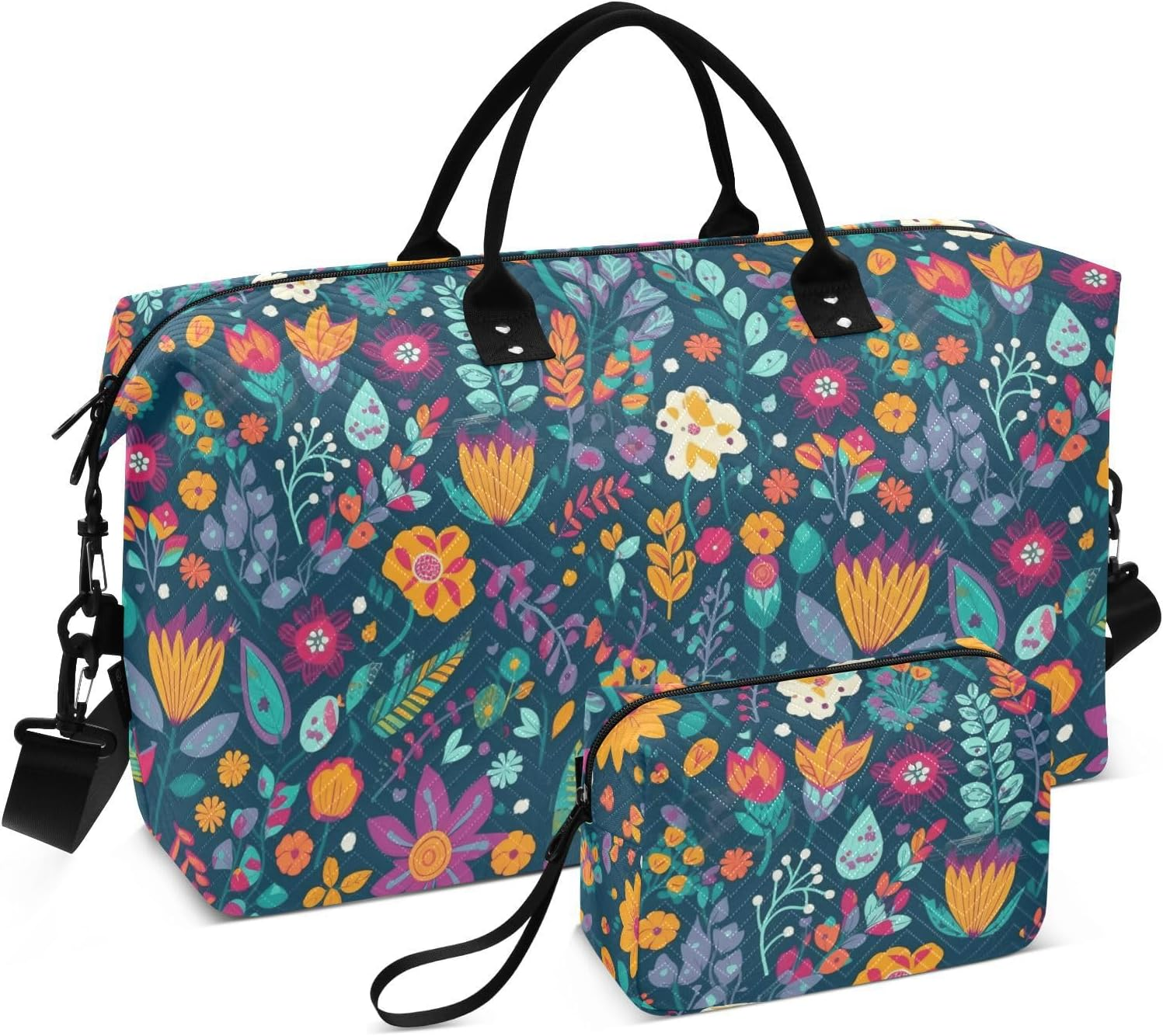 Large Bag Overnight Carry on Tote and Luggage Vintage Blue Colorful Floral Gym Duffel Bag with Adjustable Strap, Vintage Blue Colorful Floral, Set of 2, Art Deco image number 5