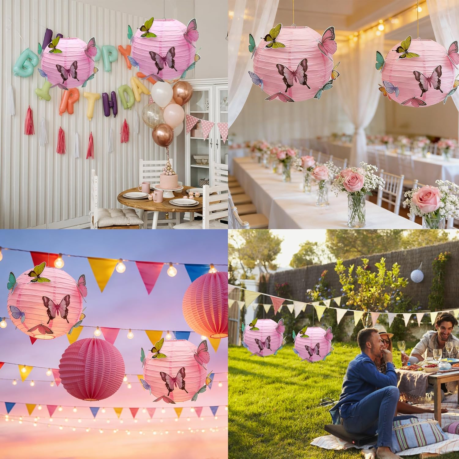 Niuhong round Paper Lantern, Lampshade with Butterfly, Children'S Pendant, Paper Lantern, Spring Theme Decorations for Party, Birthday, Christening, Garden, Wedding Decoration (Pink, 30 Cm), Pack of 2