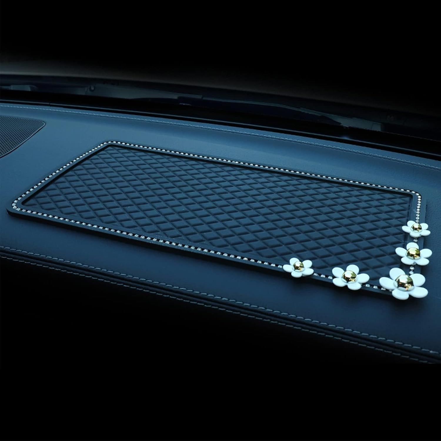 Pack-1 Car Dashboard Phone Anti-Slip Mat, 11.8In X 5.7In Adhesive Grip Pad, Fits for Radar Detector, Cell Phone, Keys, Glass, Mirrors, GPS, Coins, Washable (Black Little Daisy Diamonds) image number 5