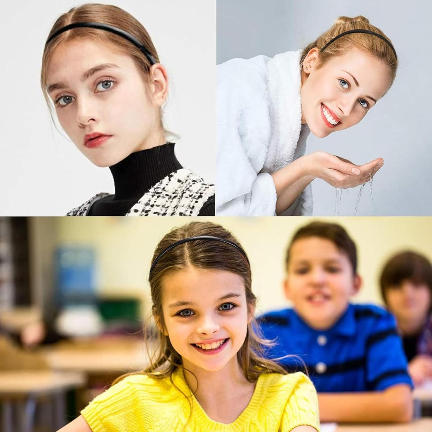 Hair Band, Black Plastic Headband, Non-Slip Headband with Non-Slip Teeth for Girls, Women, Plain Headbands (Pack of 12) image number 1