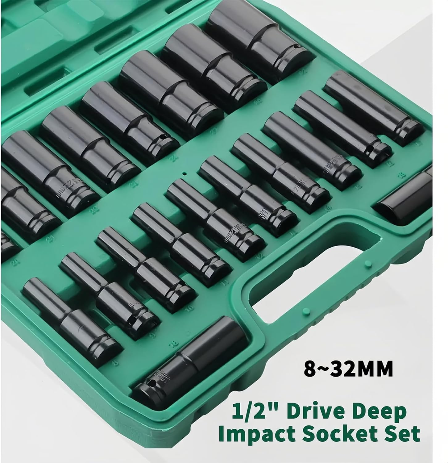 20PCS 1/2 Inch Drive Deep Impact Socket Set Metric Garage Workshop Tools 8-32Mm，Chrome Vanadium Cr-V,6-Point with Storage Case,For Home, Auto Repair or Other Mechanical Tasks