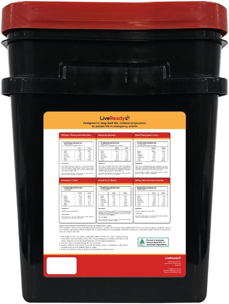 Emergency Food Supply by Liveready. a 50 Serve Survival Food Kit Including 21 Meals, 15 Snacks & 14 Drinks. 5 Year Shelf Life