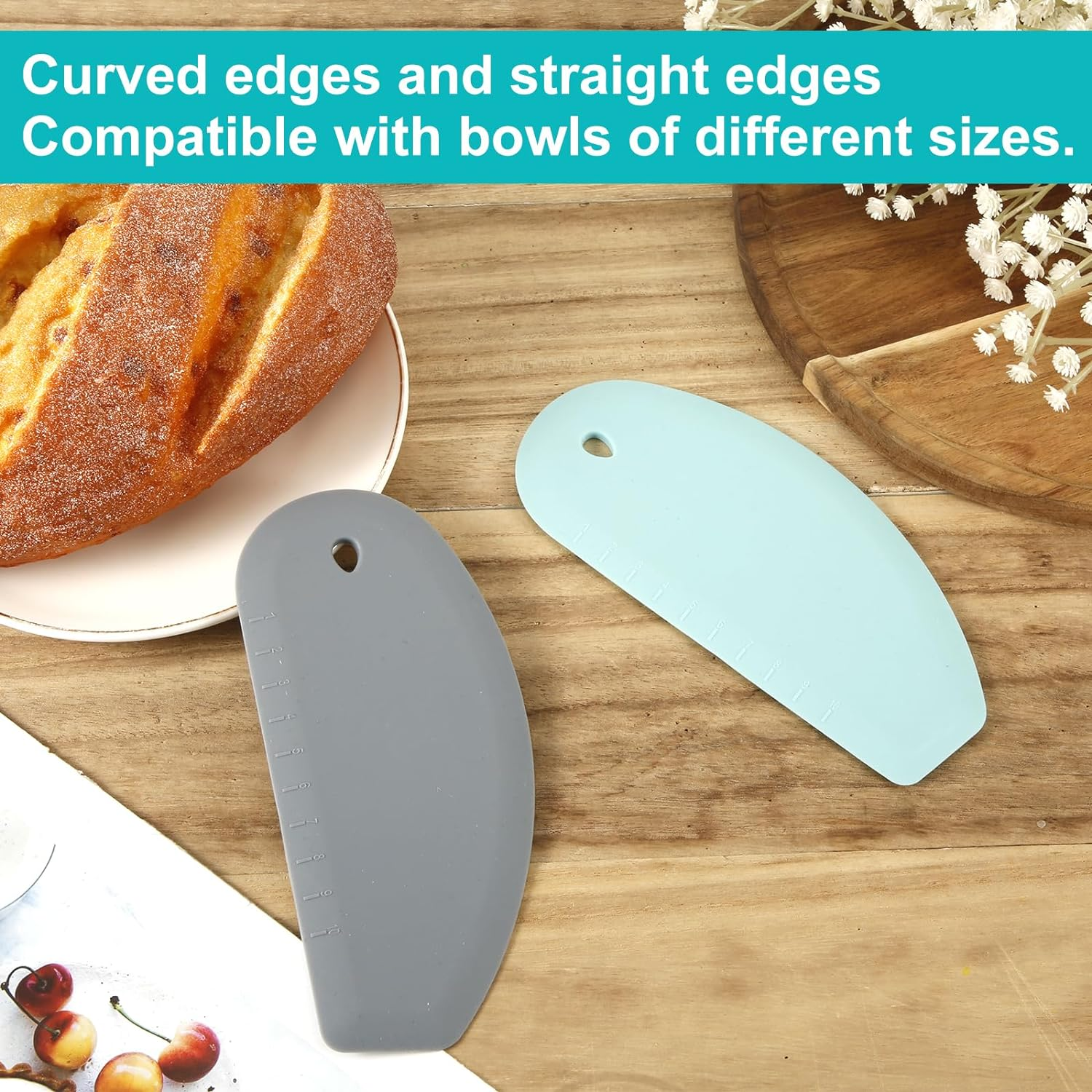 2Pcs Silicone Dough Scrapers, 6.77X3.03" Dough Bowl Scrapers Multifunctional Silicone Pastry Scraper Kitchen Bowl Scraper Gadget for Baking Cake Bread Pizza (Gray + Green) image number 5